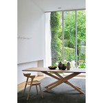 This Oak Bok Dining Chair features an airy shape with rock-solid construction, making this piece a timeless and remarkable design to enjoy for years to come. Pair with a dining table or stand-alone against a wall, hallway, or end of the bed! Designed by Alain can Havre Dimensions: 20"w x 21.5"d x 30"h Weight: 20 lbs Seat Height: 18" Material: Oak, 100% solid wood Finish: Oiled