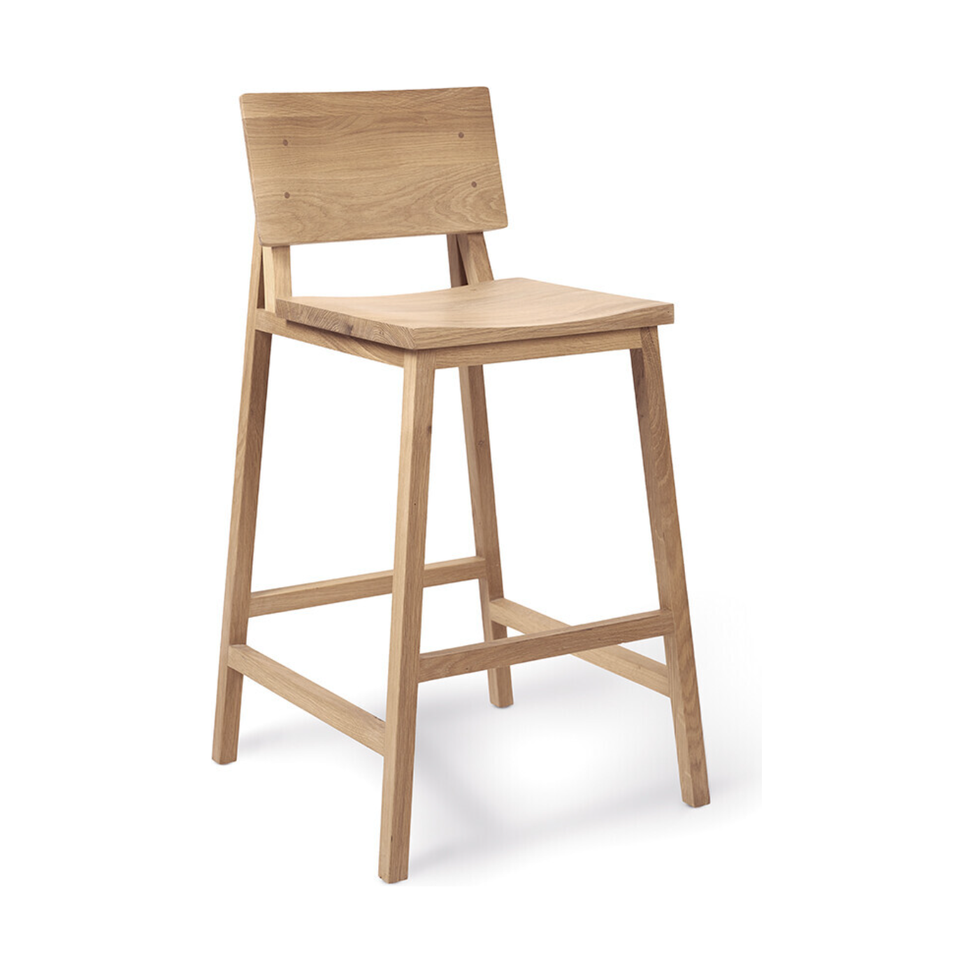 We love the versatility of this Oak N3 counter stool. Designed by Nathan Yong, this stool is a timeless piece that adds both modern lines and a cozy organic aesthetic to your bar area or kitchen island.  Dimensions: 19.5"w x 20"d x 36"h Seat Height: 26"  Material: Oak, 100% Solid Wood Finish: Oiled 