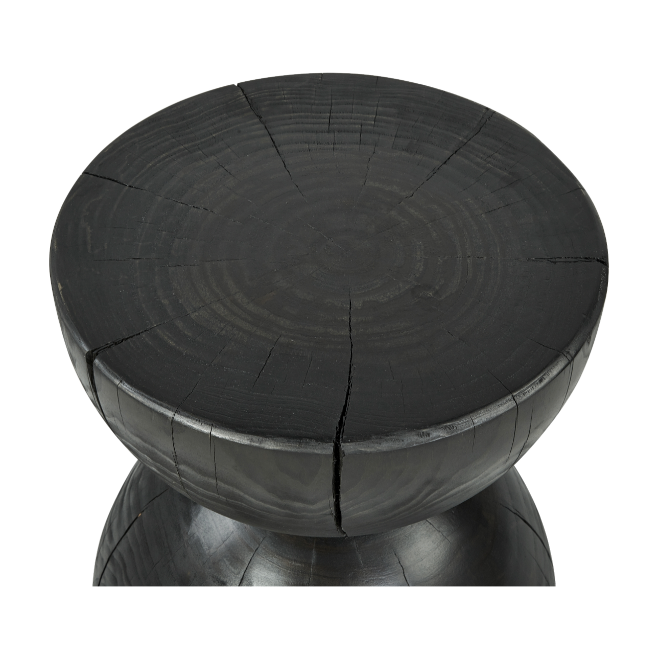 Solid black-finished pine sculpts an hourglass silhouette for an organic look with ths Aliza End Table. Makes for a handy extra surface solo or paired! Due to materials' natural essence, cracks are to be expected and may develop over time. Knots, color variance and stain will vary from piece to piece - no two are alike.