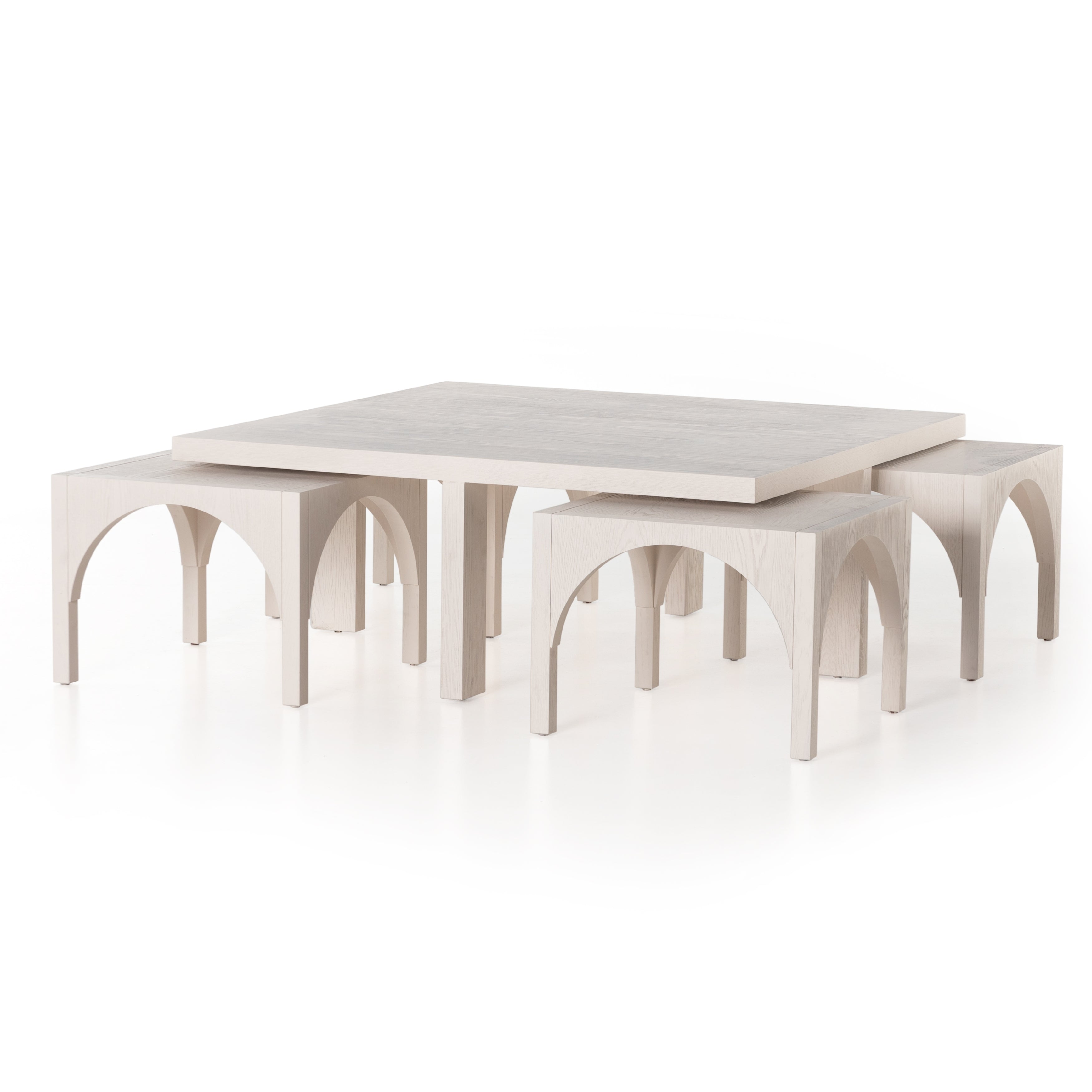 Featuring Amara Coffee Table by Four Hands at Amethyst Home. Meet a forward-thinking oak coffee table as stylish as it is functional with this Amara Coffee Table. We love the beautifully arched sides with four separate nesting tables that slide out to create ample extra surfaces as needed, tucking back under with ease.
Overall Dimensions: 47.25"W x 47.25"L.  Amethyst Home provides interior design, new home construction design consulting, vintage area rugs, and lighting in the San Diego metro area.