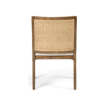 The love the retro style the natural cane of this Antonia Cane Toasted Nettlewood Armless Dining Chair brings to a dining room.   Overall Dimensions: 22.50"w x 23.50"d x 33.00"h Seat Depth: 19.25" Seat Height: 19.5"  Colors: Natural Cane, Toasted Nettlewood, Savile Flax Materials: Cane, Solid Nettlewood, 92% Pl, 8% Li