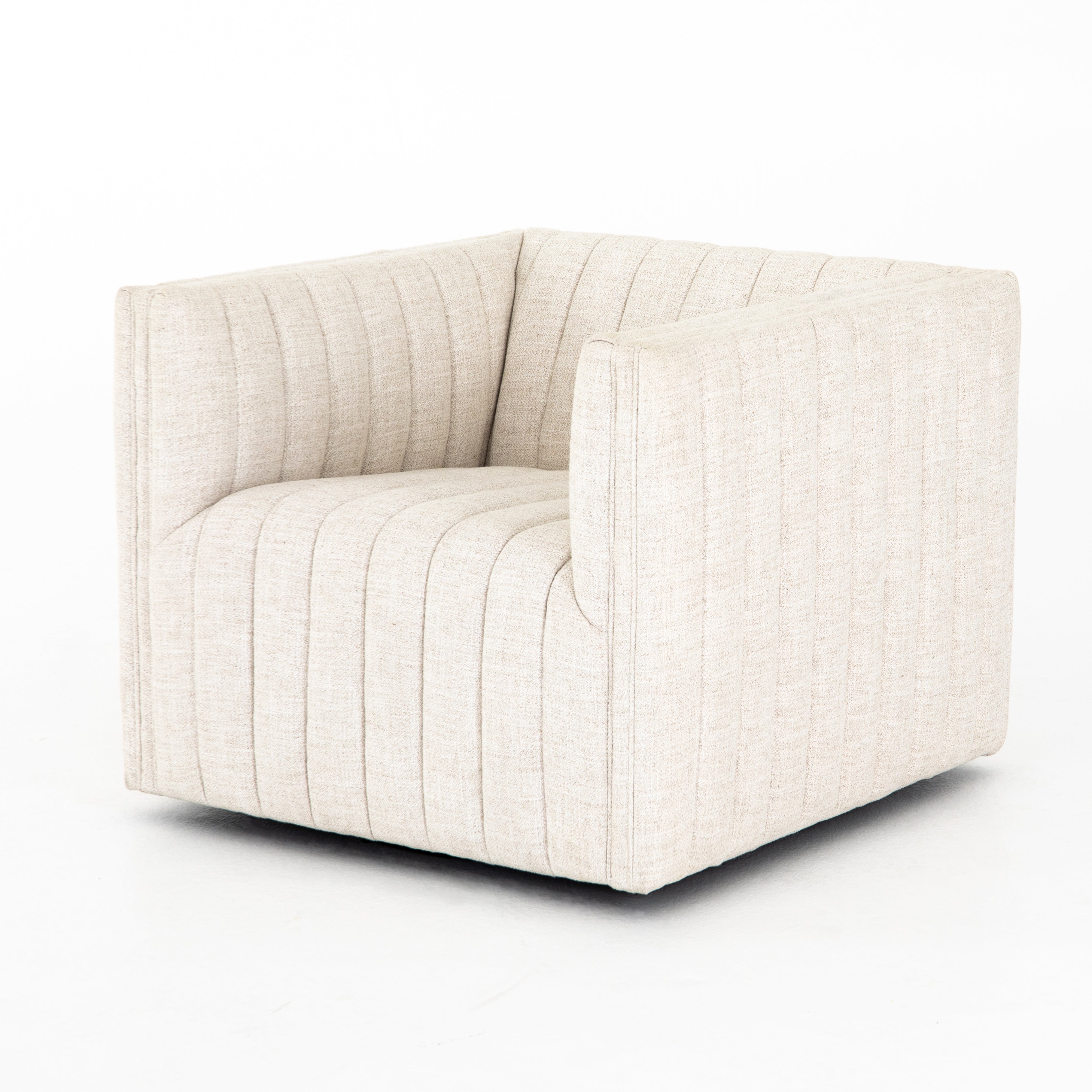You will love the dramatic channeling of this Augustine Cream Swivel Chair. The swivel feature sets this apart from other chairs and is a great choice for any living room or media room. This chair is comfort wrapped in soft linen blend making this everyone's favorite chair.  Overall Dimensions: 32.00"w x 34.00"d x 26.50"h Seat Depth: 23" Seat Height: 17" Arm Height from Floor: 26.5" Arm Height from Seat: 9.5"  Colors: Dover Crescent Materials: Viscose / Poly / Linen Blend