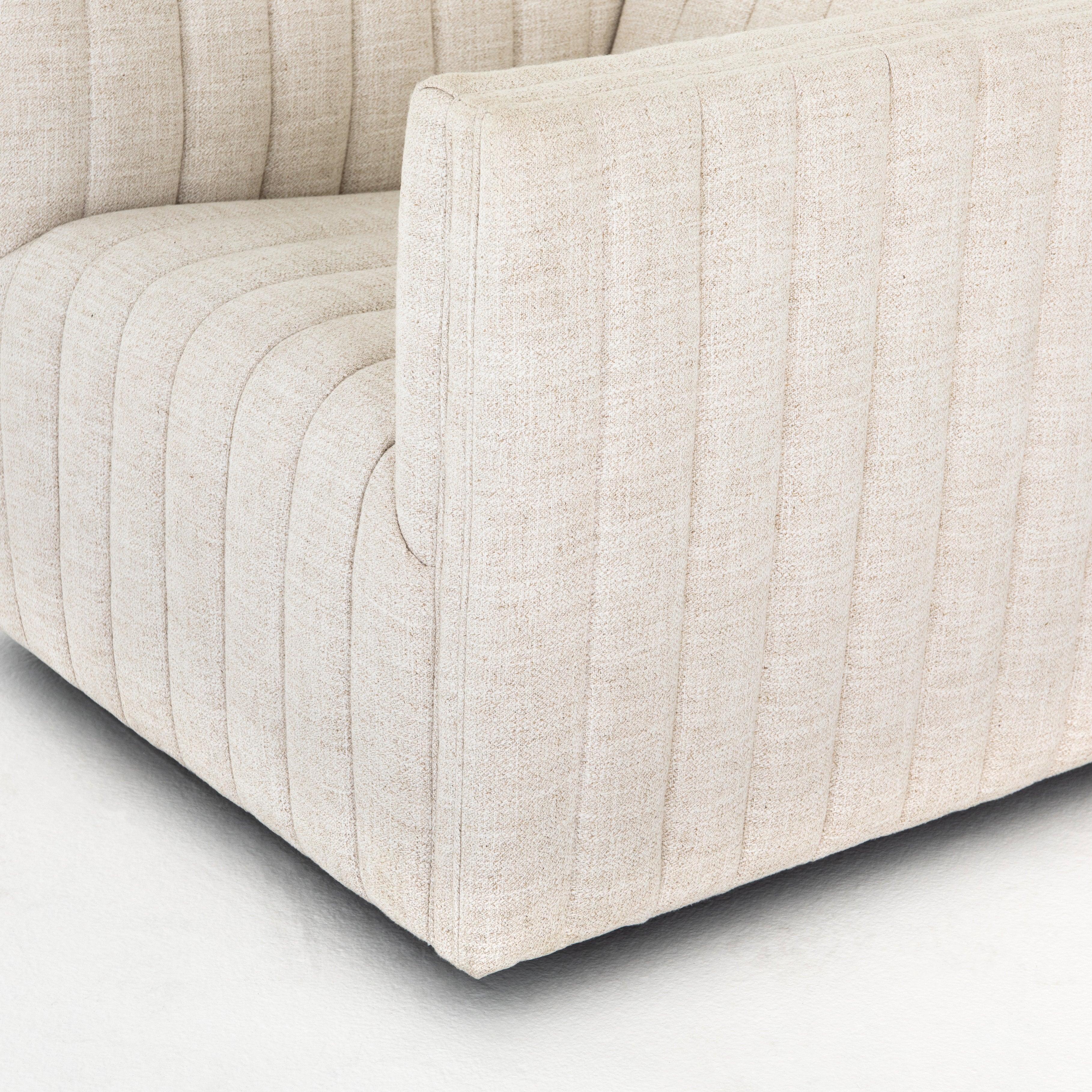Featuring Augustine Swivel Chair - Cream by Four Hands at Amethyst Home. You will love the dramatic channeling of this Augustine Cream Swivel Chair. The swivel feature sets this apart from other chairs and is a great choice for any living room or media room. This chair is comfort wrapped in soft linen blend making this everyone's favorite chair.Overall Dim.  Amethyst Home provides interior design, new home construction design consulting, vintage area rugs, and lighting in the Park City metro area.