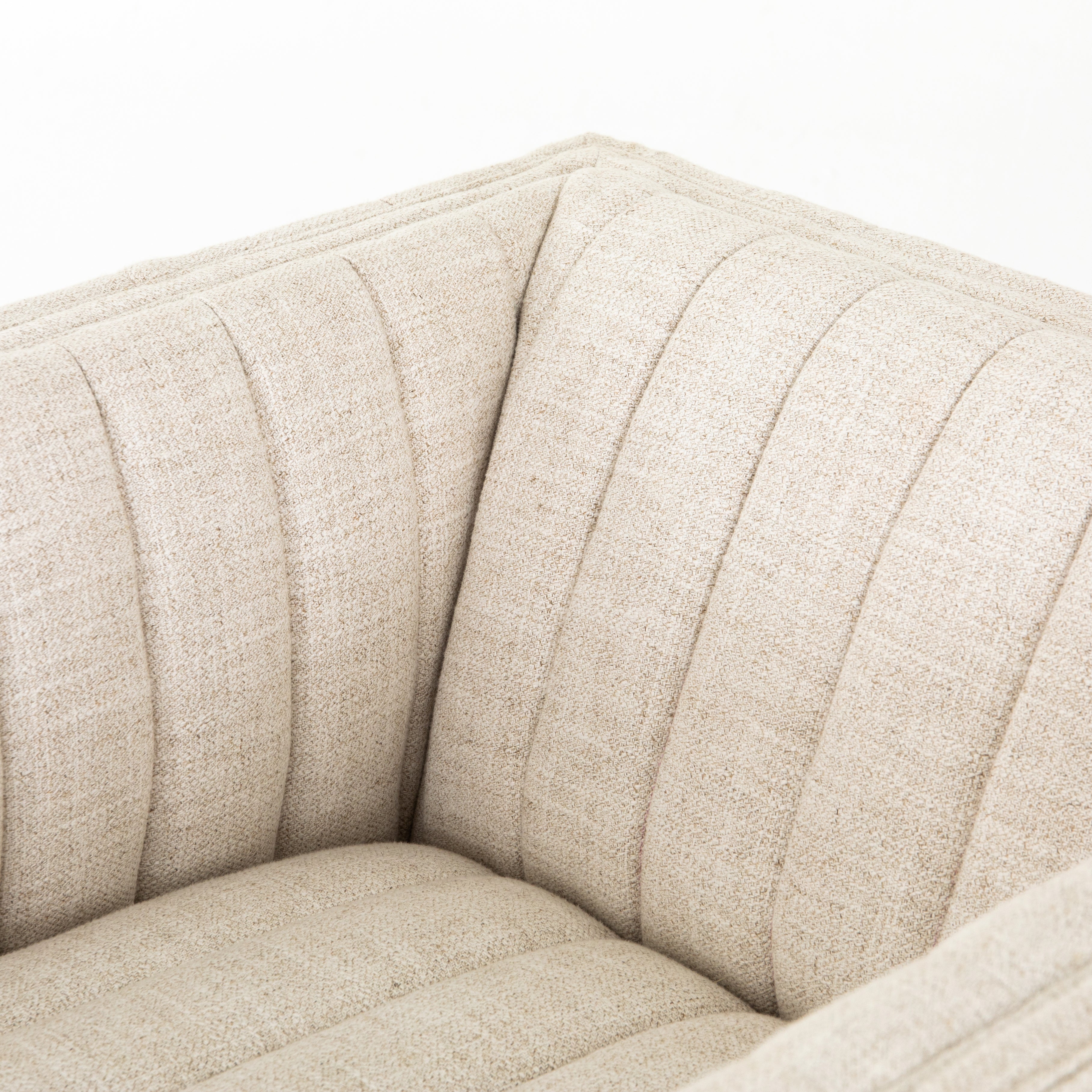 Featuring Augustine Swivel Chair - Cream by Four Hands at Amethyst Home. You will love the dramatic channeling of this Augustine Cream Swivel Chair. The swivel feature sets this apart from other chairs and is a great choice for any living room or media room. This chair is comfort wrapped in soft linen blend making this everyone's favorite chair.Overall Di.  Amethyst Home provides interior design, new home construction design consulting, vintage area rugs, and lighting in the Alpharetta metro area.