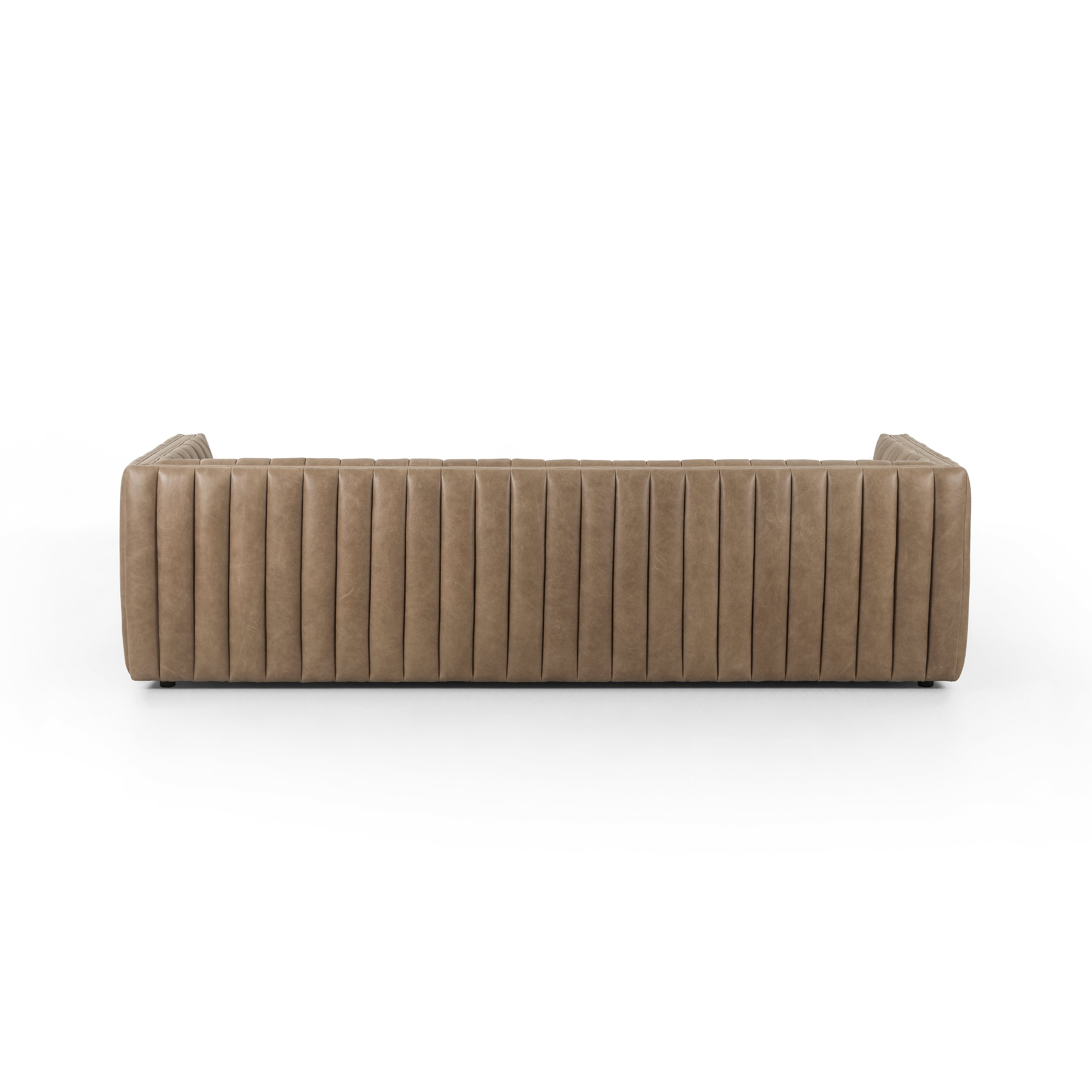 This Augustine 97" Sofa - Palermo Drift features dramatically channeled upholstered in taupe top-grain leather. We love the crisp, clean look and sumptuous sit this offers to a space!   Size: 97"w x 35"d x 26.5"h