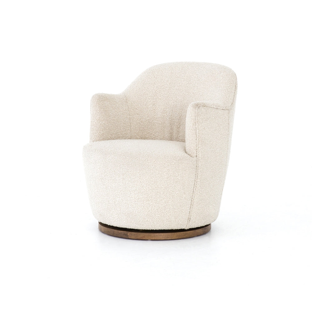 We love the drum-style seating of this Aurora Swivel - Knoll Natural. Upholstered in a soothing and textural off-white bouclé, this also features a swivel base - perfect for your office, living room, or other space!  Overall Dimensions: 26.00"w x 31.50"d x 31.00"h
