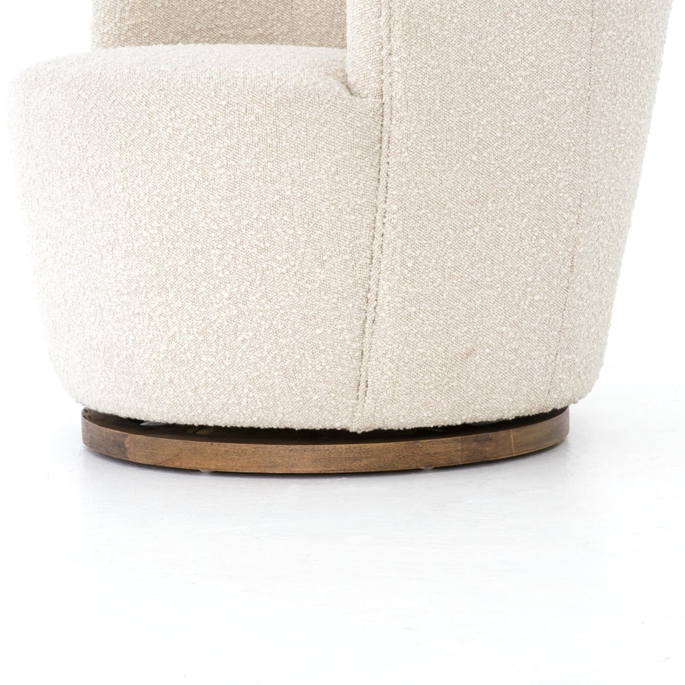 We love the drum-style seating of this Aurora Swivel - Knoll Natural. Upholstered in a soothing and textural off-white bouclé, this also features a swivel base - perfect for your office, living room, or other space!  Overall Dimensions: 26.00"w x 31.50"d x 31.00"h
