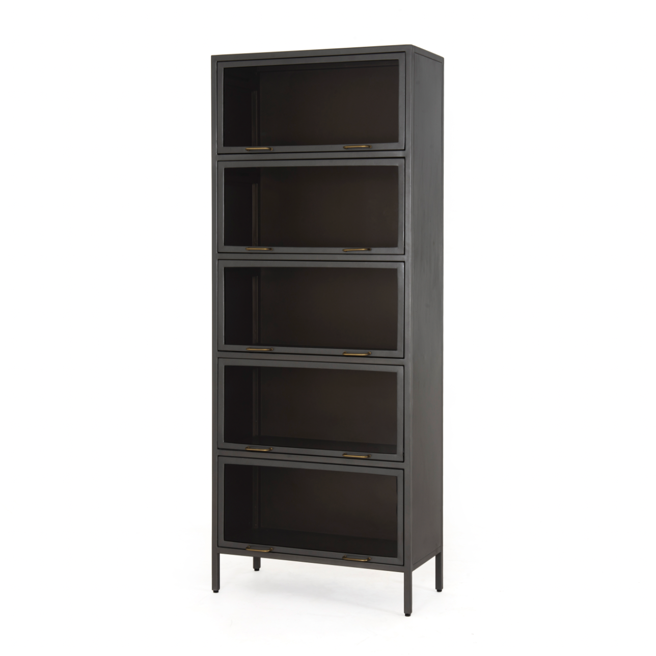 Inspired by the stackable barrister-style shelving, iron casing is finished in a gunmetal for a fresh industrial look, with smoked glass panes with flat brass hardware cover door fronts, each lifting to spacious compartments for storage of books and treasures.  Overall Dimensions: 32.00"w x 15.00"d x 82.00"h  Colors: Smoked Glass, Flat Brass, Gunmetal Materials: Glass, Iron