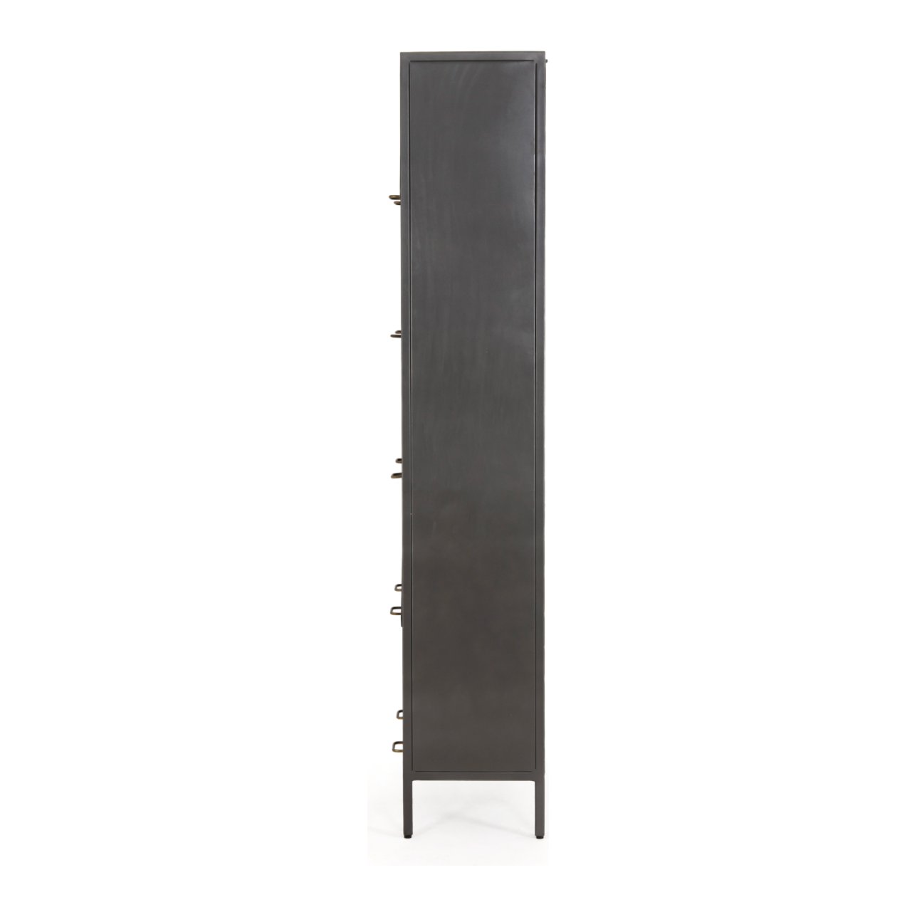 Inspired by the stackable barrister-style shelving, iron casing is finished in a gunmetal for a fresh industrial look, with smoked glass panes with flat brass hardware cover door fronts, each lifting to spacious compartments for storage of books and treasures.  Overall Dimensions: 32.00"w x 15.00"d x 82.00"h  Colors: Smoked Glass, Flat Brass, Gunmetal Materials: Glass, Iron