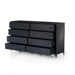 The brass knobs on this Belmont Black 8 Drawer Metal Dress give it a classy, antique look while also being the perfect vessel to store your clothes  Size: 70"w x 18.5"d x 38.5"h Colors: Black Materials: Iron