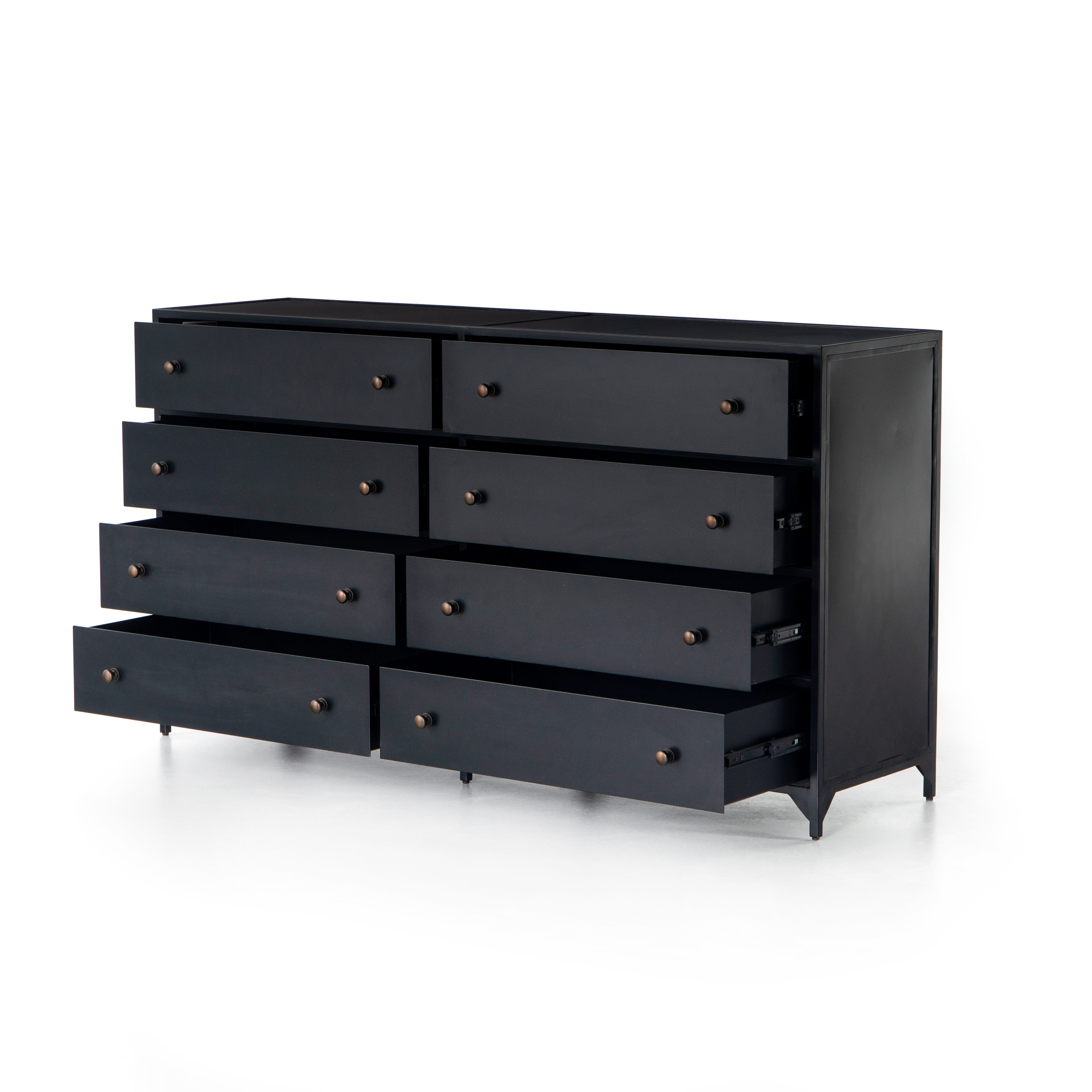 The brass knobs on this Belmont Black 8 Drawer Metal Dress give it a classy, antique look while also being the perfect vessel to store your clothes  Size: 70"w x 18.5"d x 38.5"h Colors: Black Materials: Iron