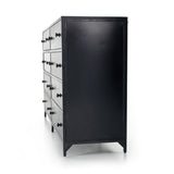 The brass knobs on this Belmont Black 8 Drawer Metal Dress give it a classy, antique look while also being the perfect vessel to store your clothes  Size: 70"w x 18.5"d x 38.5"h Colors: Black Materials: Iron