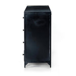 The brass knobs on this Belmont Black 8 Drawer Metal Dress give it a classy, antique look while also being the perfect vessel to store your clothes  Size: 70"w x 18.5"d x 38.5"h Colors: Black Materials: Iron