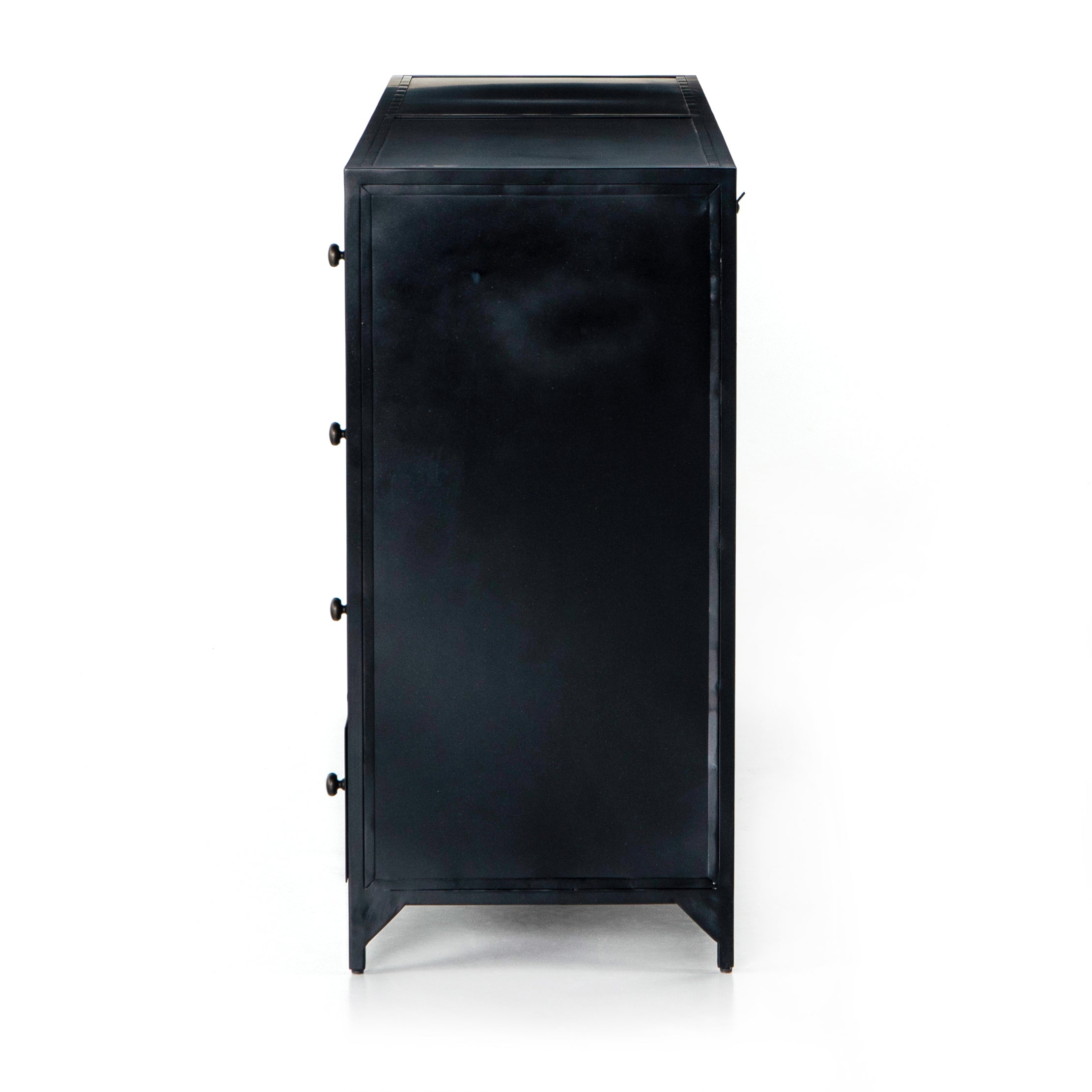 The brass knobs on this Belmont Black 8 Drawer Metal Dress give it a classy, antique look while also being the perfect vessel to store your clothes  Size: 70"w x 18.5"d x 38.5"h Colors: Black Materials: Iron