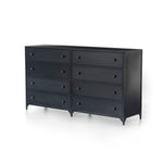 The brass knobs on this Belmont Black 8 Drawer Metal Dress give it a classy, antique look while also being the perfect vessel to store your clothes  Size: 70"w x 18.5"d x 38.5"h Colors: Black Materials: Iron