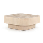 Made from bleached ash burl, this Blanco Coffee Table - Bleached Burl is a soft-squared tabletop featuring a patchwork pattern to bring novel movement to the modern coffee table. Finished in an ashen walnut, mahogany veneer sides and an inset base complete a beautifully light look for any living room or lounge area.   Overall Dimensions: 40.00"w x 40.00"d x 16.00"h