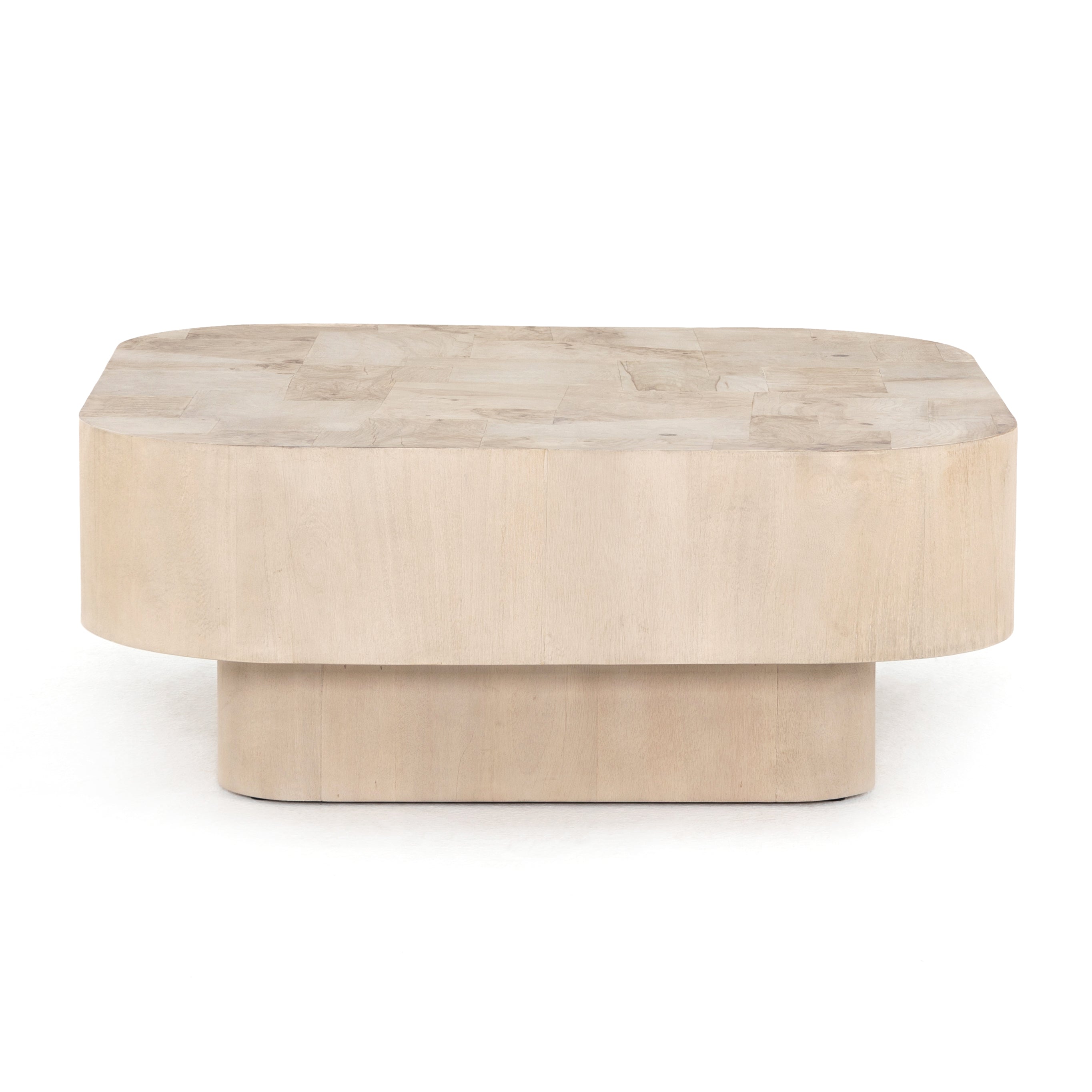 Made from bleached ash burl, this Blanco Coffee Table - Bleached Burl is a soft-squared tabletop featuring a patchwork pattern to bring novel movement to the modern coffee table. Finished in an ashen walnut, mahogany veneer sides and an inset base complete a beautifully light look for any living room or lounge area.   Overall Dimensions: 40.00"w x 40.00"d x 16.00"h