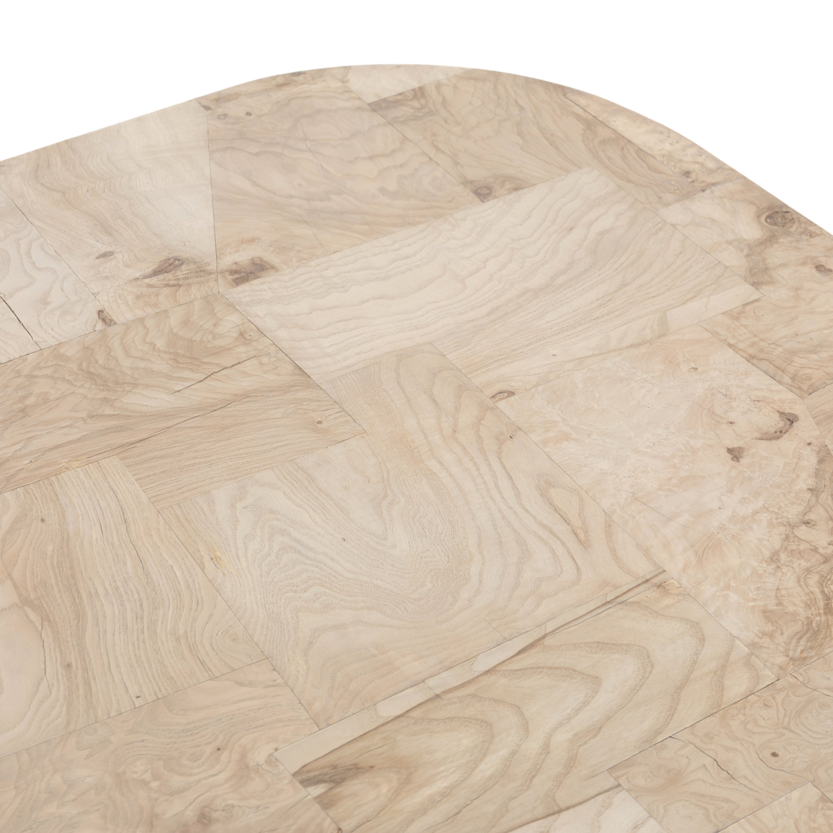 Made from bleached ash burl, this Blanco Coffee Table - Bleached Burl is a soft-squared tabletop featuring a patchwork pattern to bring novel movement to the modern coffee table. Finished in an ashen walnut, mahogany veneer sides and an inset base complete a beautifully light look for any living room or lounge area.   Overall Dimensions: 40.00"w x 40.00"d x 16.00"h