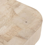 Made from bleached ash burl, this Blanco Coffee Table - Bleached Burl is a soft-squared tabletop featuring a patchwork pattern to bring novel movement to the modern coffee table. Finished in an ashen walnut, mahogany veneer sides and an inset base complete a beautifully light look for any living room or lounge area.   Overall Dimensions: 40.00"w x 40.00"d x 16.00"h