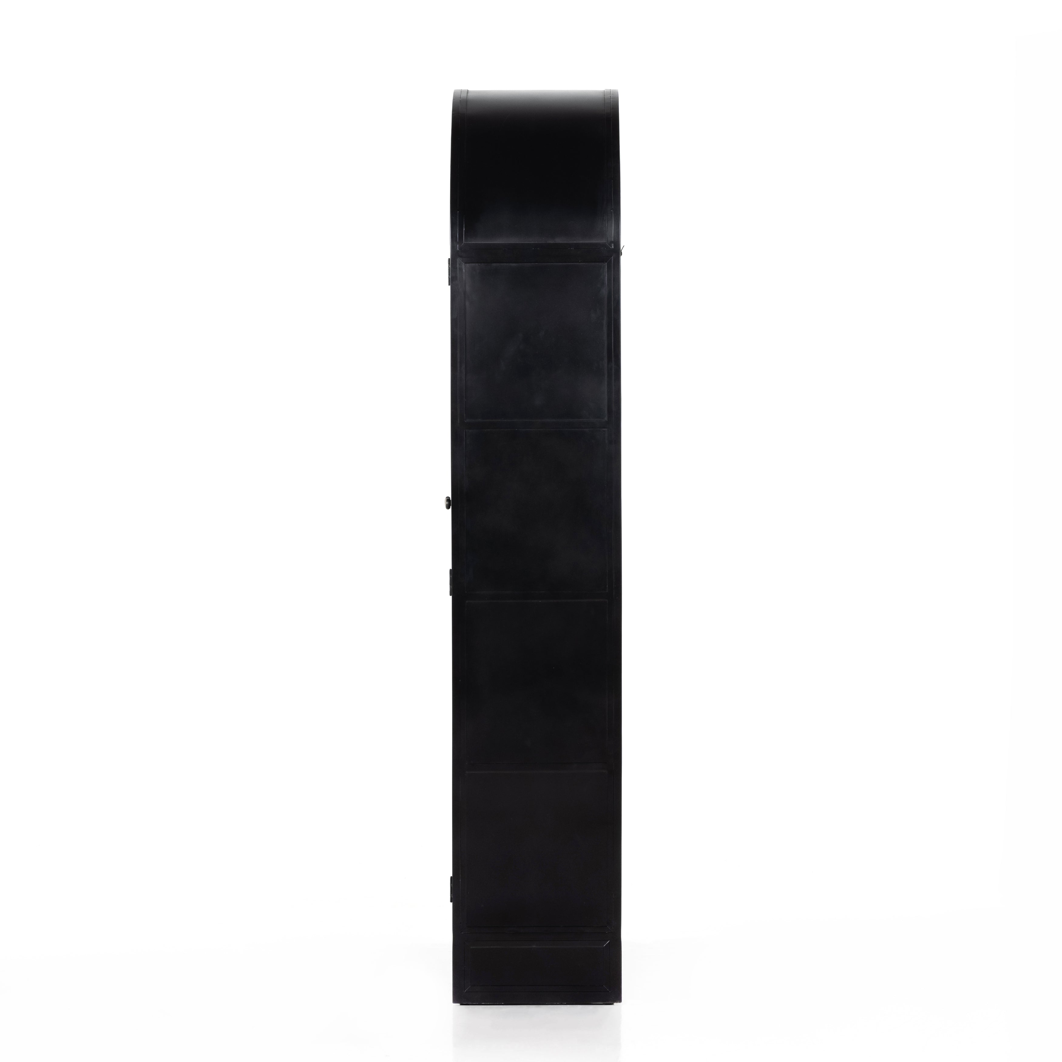 Store it in style with this Breya Cabinet - Black. Made from black-finished iron, beautifully arched cabinetry features glass-front doors, ideal for storing and displaying favorite books, photos, keepsakes, and more.  Overall Dimensions: 40.00"w x 16.25"d x 86.75"h