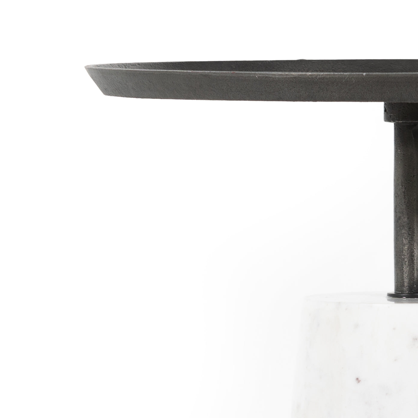 Featuring Cronos End Table - Polished White Marble by Four Hands at Amethyst Home. Simply sophisticated with this Cronos End Table - Polished White Marble. Finished in a polished white, a solid turned marble base supports a tray-style tabletop of grey-hammered iron, spurring beautifully eye-catching contrast for any living room or bedroom. 
Overall Dimens.  Amethyst Home provides interior design, new home construction design consulting, vintage area rugs, and lighting in the Des Moines metro area.