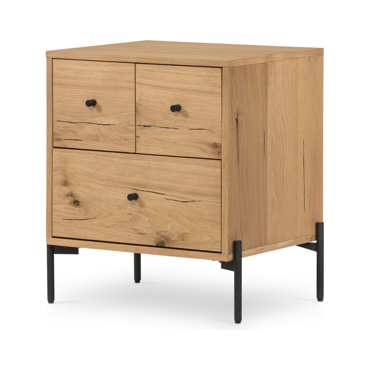 Featuring Eaton Light Oak Resin Nightstand by Four Hands at Amethyst Home. This Eaton Nightstand - Light Oak has a gorgeous, thick oak veneer with thin, iron legs. With one large drawer and two smaller drawers, this is the perfect nightstand to complete your bedroom. 
Overall Dimensions: 23.50"W x 18.50"L x 26"HColors: Dark Gunmetal, Light Oak ResinMateri.  Amethyst Home provides interior design, new home construction design consulting, vintage area rugs, and lighting in the Scottsdale metro area.