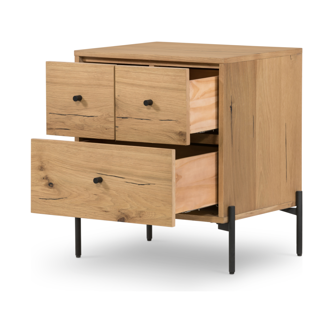 Featuring Eaton Light Oak Resin Nightstand by Four Hands at Amethyst Home. This Eaton Nightstand - Light Oak has a gorgeous, thick oak veneer with thin, iron legs. With one large drawer and two smaller drawers, this is the perfect nightstand to complete your bedroom. 
Overall Dimensions: 23.50"W x 18.50"L x 26"HColors: Dark Gunmetal, Light Oak ResinMateria.  Amethyst Home provides interior design, new home construction design consulting, vintage area rugs, and lighting in the San Diego metro area.