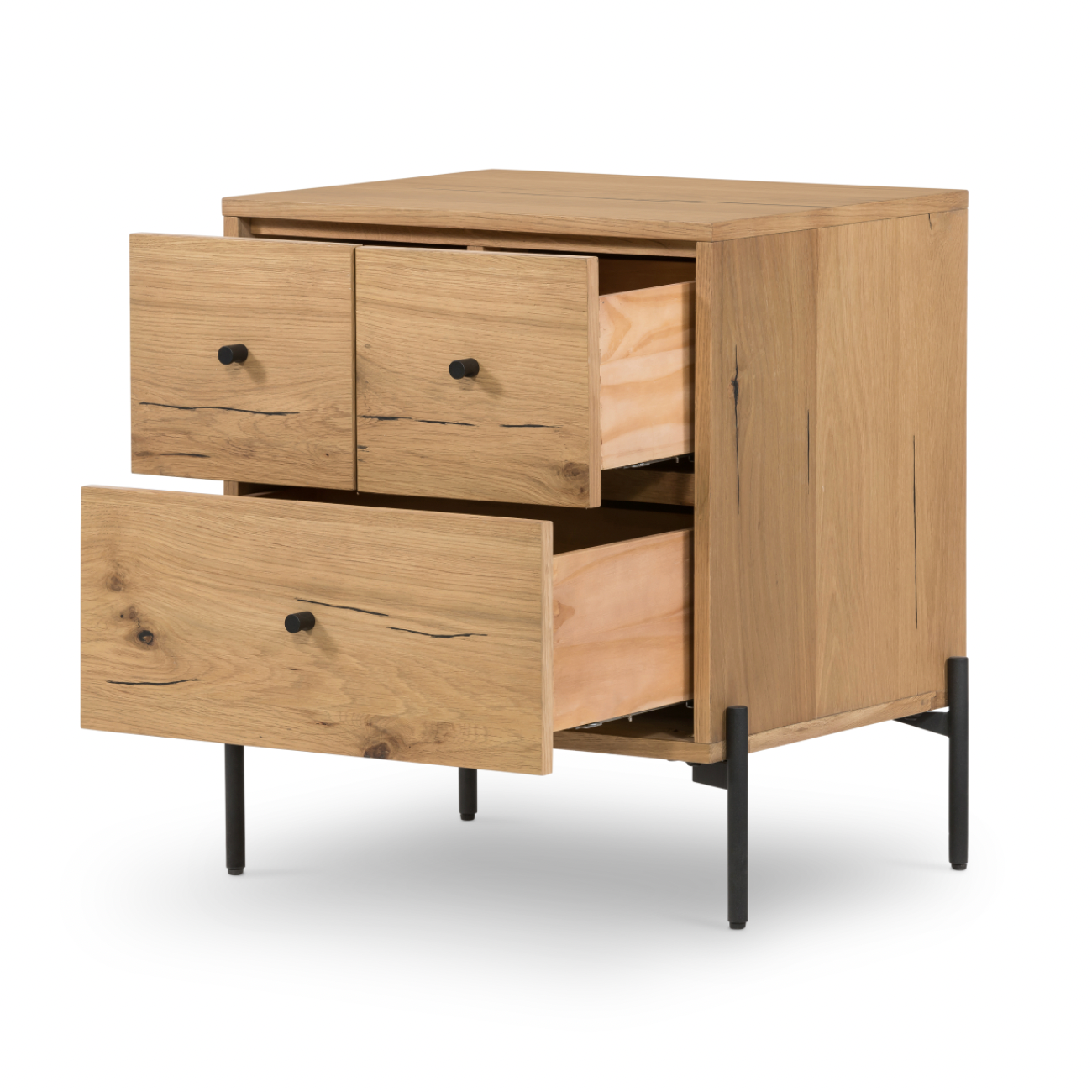 Featuring Eaton Light Oak Resin Nightstand by Four Hands at Amethyst Home. This Eaton Nightstand - Light Oak has a gorgeous, thick oak veneer with thin, iron legs. With one large drawer and two smaller drawers, this is the perfect nightstand to complete your bedroom. 
Overall Dimensions: 23.50"W x 18.50"L x 26"HColors: Dark Gunmetal, Light Oak ResinMaterial.  Amethyst Home provides interior design, new home construction design consulting, vintage area rugs, and lighting in the Portland metro area.