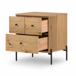 Featuring Eaton Light Oak Resin Nightstand by Four Hands at Amethyst Home. This Eaton Nightstand - Light Oak has a gorgeous, thick oak veneer with thin, iron legs. With one large drawer and two smaller drawers, this is the perfect nightstand to complete your bedroom. 
Overall Dimensions: 23.50"W x 18.50"L x 26"HColors: Dark Gunmetal, Light Oak ResinMaterial.  Amethyst Home provides interior design, new home construction design consulting, vintage area rugs, and lighting in the Portland metro area.