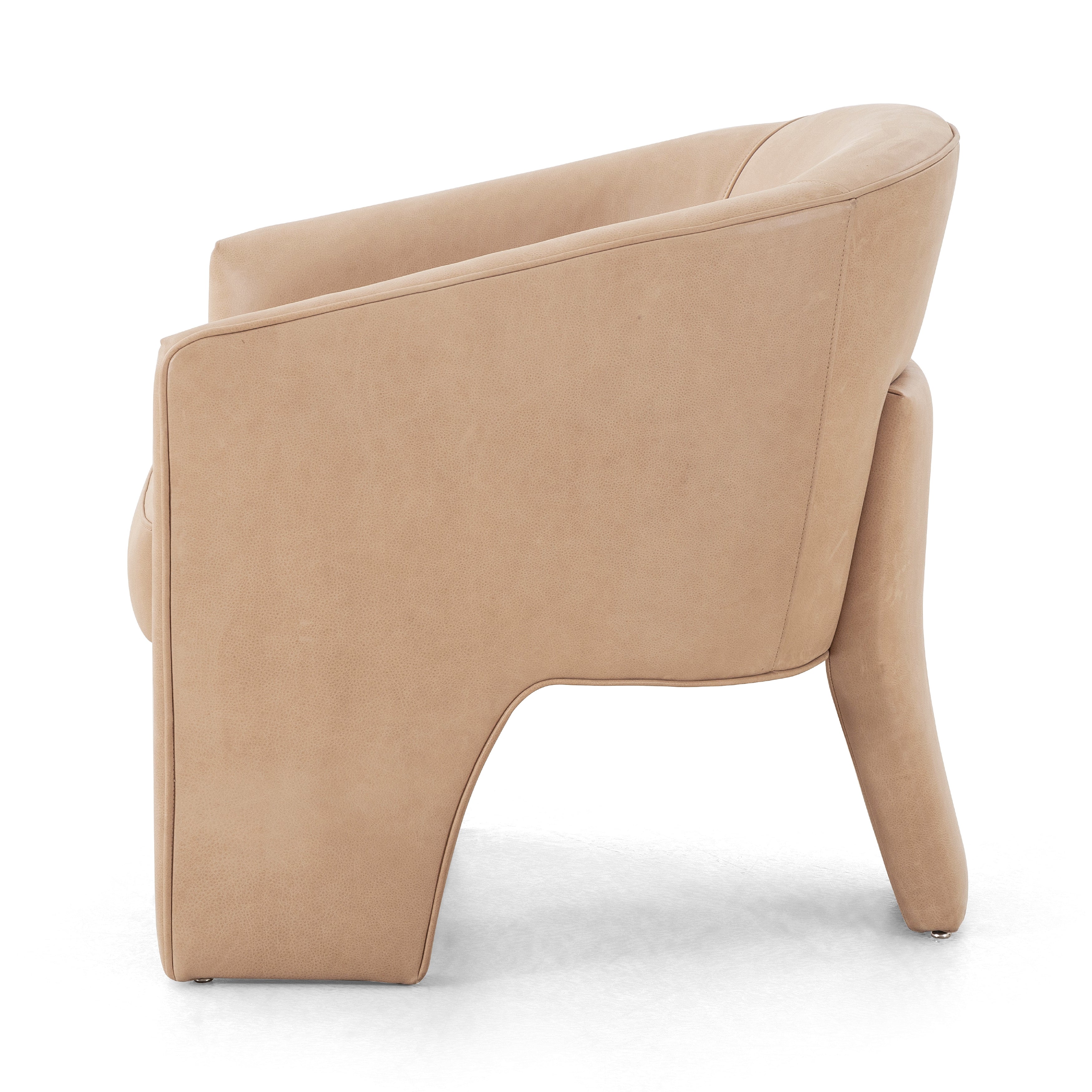 This Fae Chair - Pallermo Nude is well-tailored and stylistically unique. The top grain leather lends a high-fashion feel to a cleverly constructed three-legged design.  Overall Dimensions: 30.25"w x 29.50"d x 29.50"h