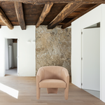 This Fae Chair - Pallermo Nude is well-tailored and stylistically unique. The top grain leather lends a high-fashion feel to a cleverly constructed three-legged design.  Overall Dimensions: 30.25"w x 29.50"d x 29.50"h