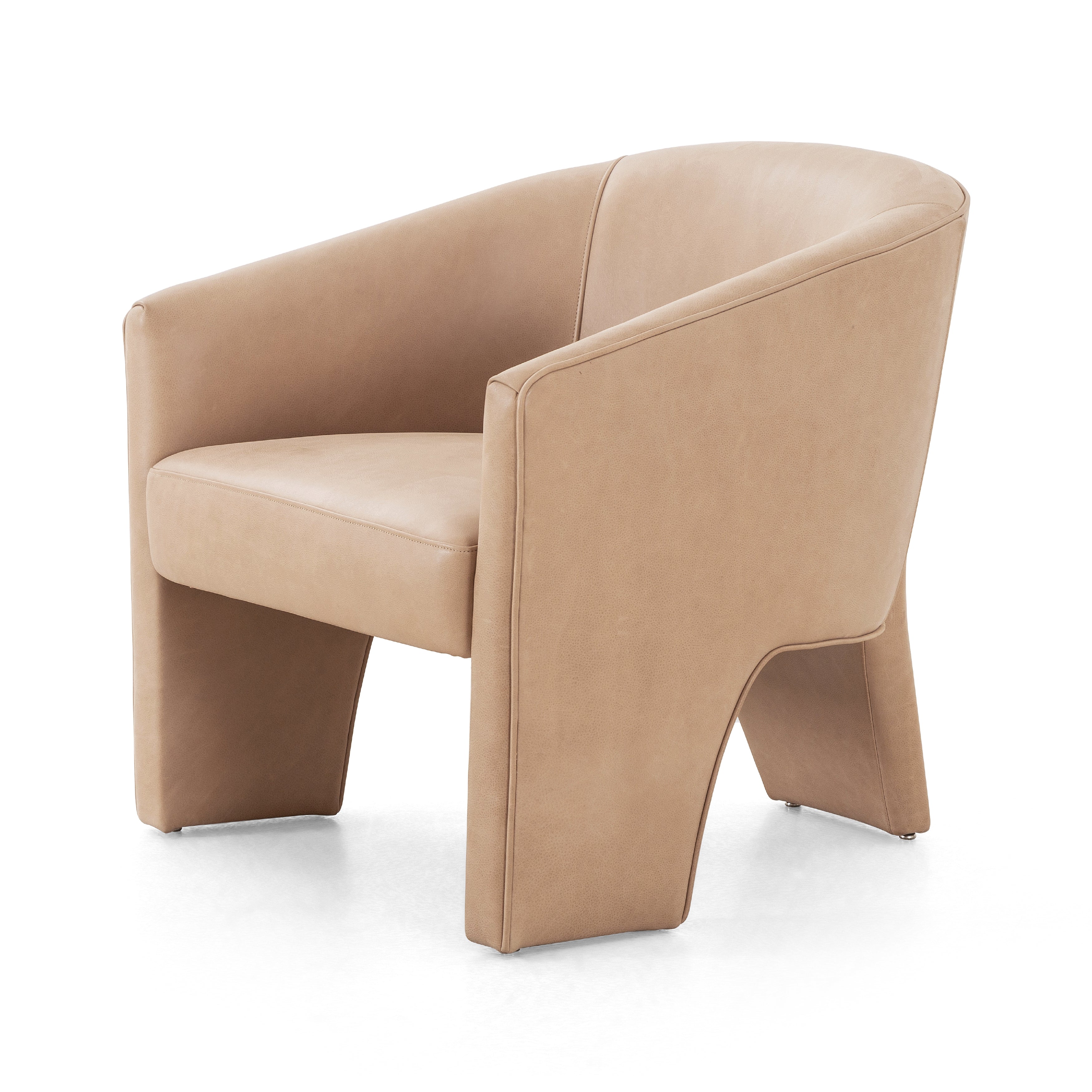 This Fae Chair - Pallermo Nude is well-tailored and stylistically unique. The top grain leather lends a high-fashion feel to a cleverly constructed three-legged design.  Overall Dimensions: 30.25"w x 29.50"d x 29.50"h