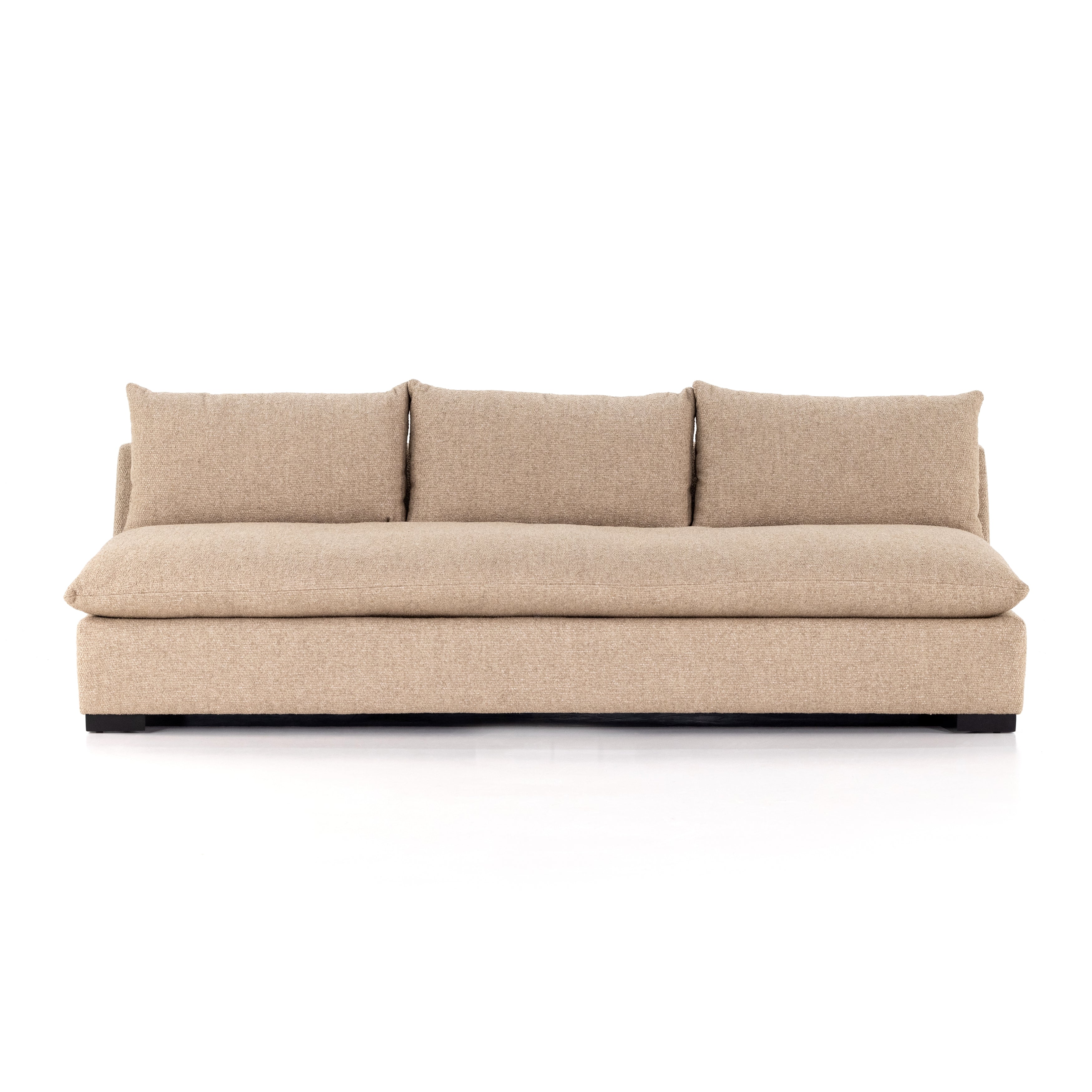 This Grant Armless Sofa - Heron Sand is a new twist to an Amethyst Favorite! With Italian high-performance fabric, inviting, boucle-like texture takes this modern lounging essential to the next level. Armless sofa to matching sectional.  Overall Dimensions: 94.00"w x 40.00"d x 31.50"h