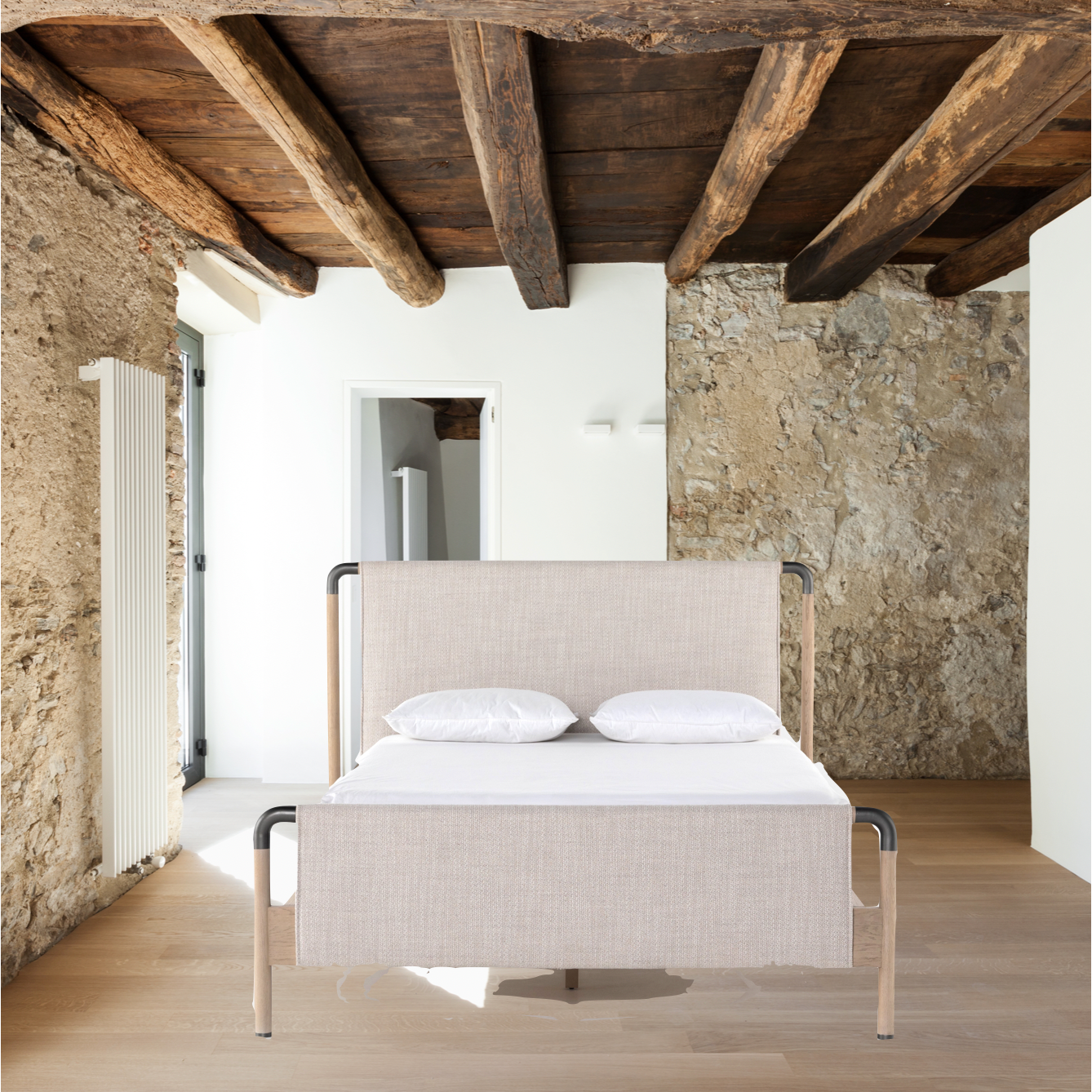 We love the mixed materials of this Harriet Bed. Framed by solid oak with rounded iron corners, an upholstered, sling-style headboard brings a light, modern vibe to any bedroom.  Queen Overall Dimensions: 70.50"w x 88.50"d x 51.00"h  King Overall Dimensions: 86.50"w x 88.50"d x 51.00"h  Colors: Gibson Wheat, Yucca Oak, Gunmetal, Yucca Oak Veneer Materials: 92% Pl, 8% Pc, Solid Oak, Iron, Oak Veneer Fabric: Performance