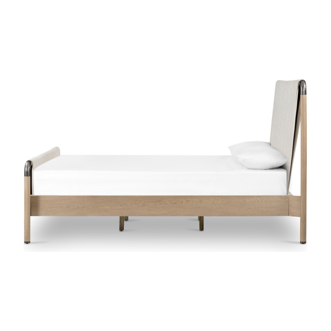 We love the mixed materials of this Harriet Bed. Framed by solid oak with rounded iron corners, an upholstered, sling-style headboard brings a light, modern vibe to any bedroom. Queen Overall Dimensions: 70.50"w x 88.50"d x 51.00"h  King Overall Dimensions: 86.50"w x 88.50"d x 51.00"h
