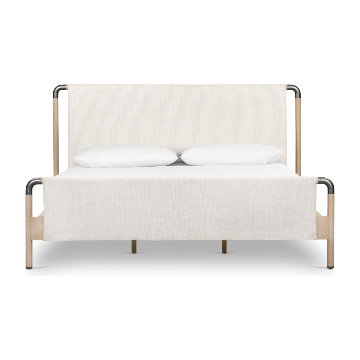 We love the mixed materials of this Harriet Bed. Framed by solid oak with rounded iron corners, an upholstered, sling-style headboard brings a light, modern vibe to any bedroom. Queen Overall Dimensions: 70.50"w x 88.50"d x 51.00"h  King Overall Dimensions: 86.50"w x 88.50"d x 51.00"h
