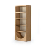 We are obsessed with the natural cane paneling on this Higgs Bookcase - Honey Oak Veneer. The tall, clean frame has four shelves perfect for showcasing your favorite books, family photos, or family heirlooms   Overall Dimensions: 34.75"w x 18.00"d x 84.00"h