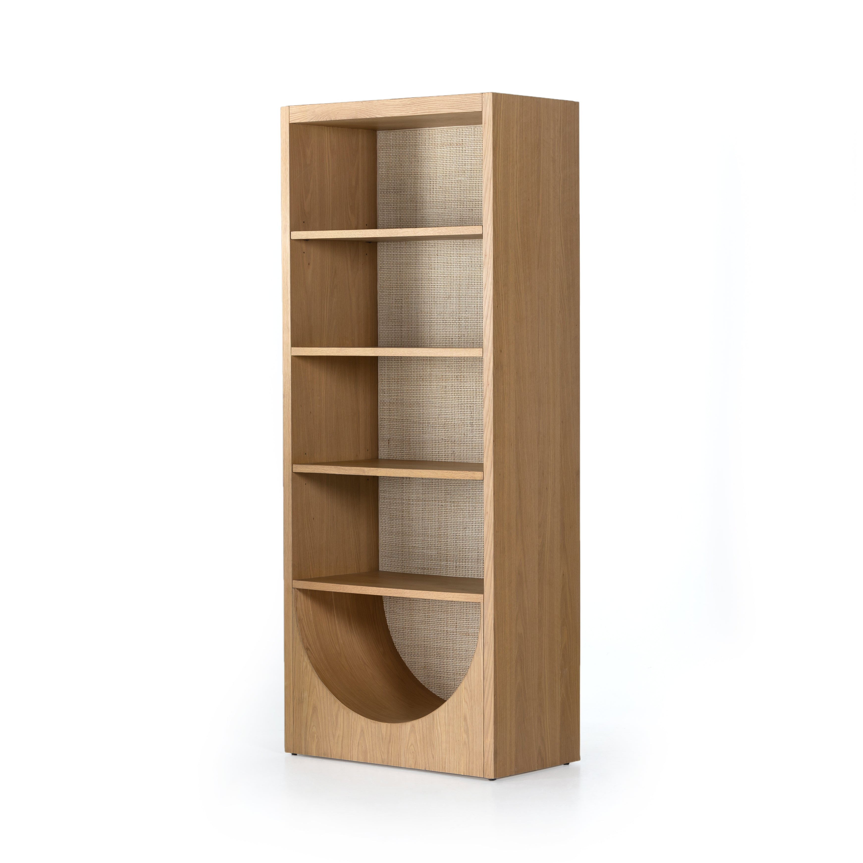 We are obsessed with the natural cane paneling on this Higgs Bookcase - Honey Oak Veneer. The tall, clean frame has four shelves perfect for showcasing your favorite books, family photos, or family heirlooms   Overall Dimensions: 34.75"w x 18.00"d x 84.00"h