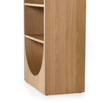 We are obsessed with the natural cane paneling on this Higgs Bookcase - Honey Oak Veneer. The tall, clean frame has four shelves perfect for showcasing your favorite books, family photos, or family heirlooms   Overall Dimensions: 34.75"w x 18.00"d x 84.00"h