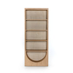 We are obsessed with the natural cane paneling on this Higgs Bookcase - Honey Oak Veneer. The tall, clean frame has four shelves perfect for showcasing your favorite books, family photos, or family heirlooms   Overall Dimensions: 34.75"w x 18.00"d x 84.00"h
