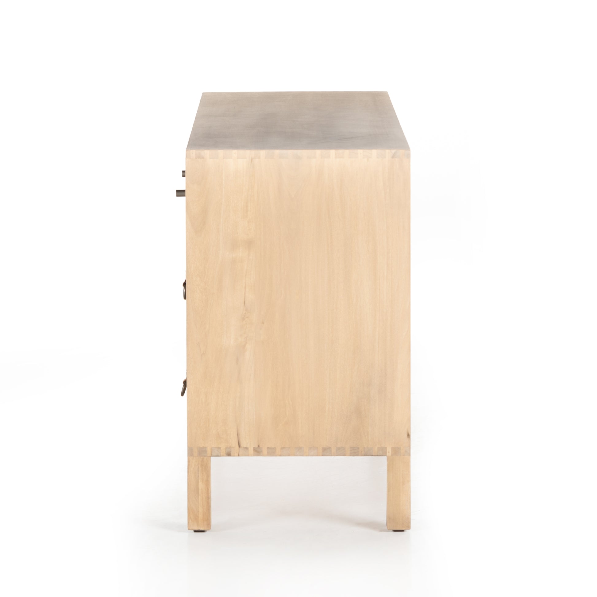 This Isador 6 Drawer Dresser - Dry Wash Poplar is beautifully simple in spirit. Solid dry-washed poplar forms a spacious six-drawer dresser, with dovetail joinery plus iron and leather hardware for a fresh, bright look in any bedroom.   Overall Dimensions: 65.00"w x 19.00"d x 32.25"h