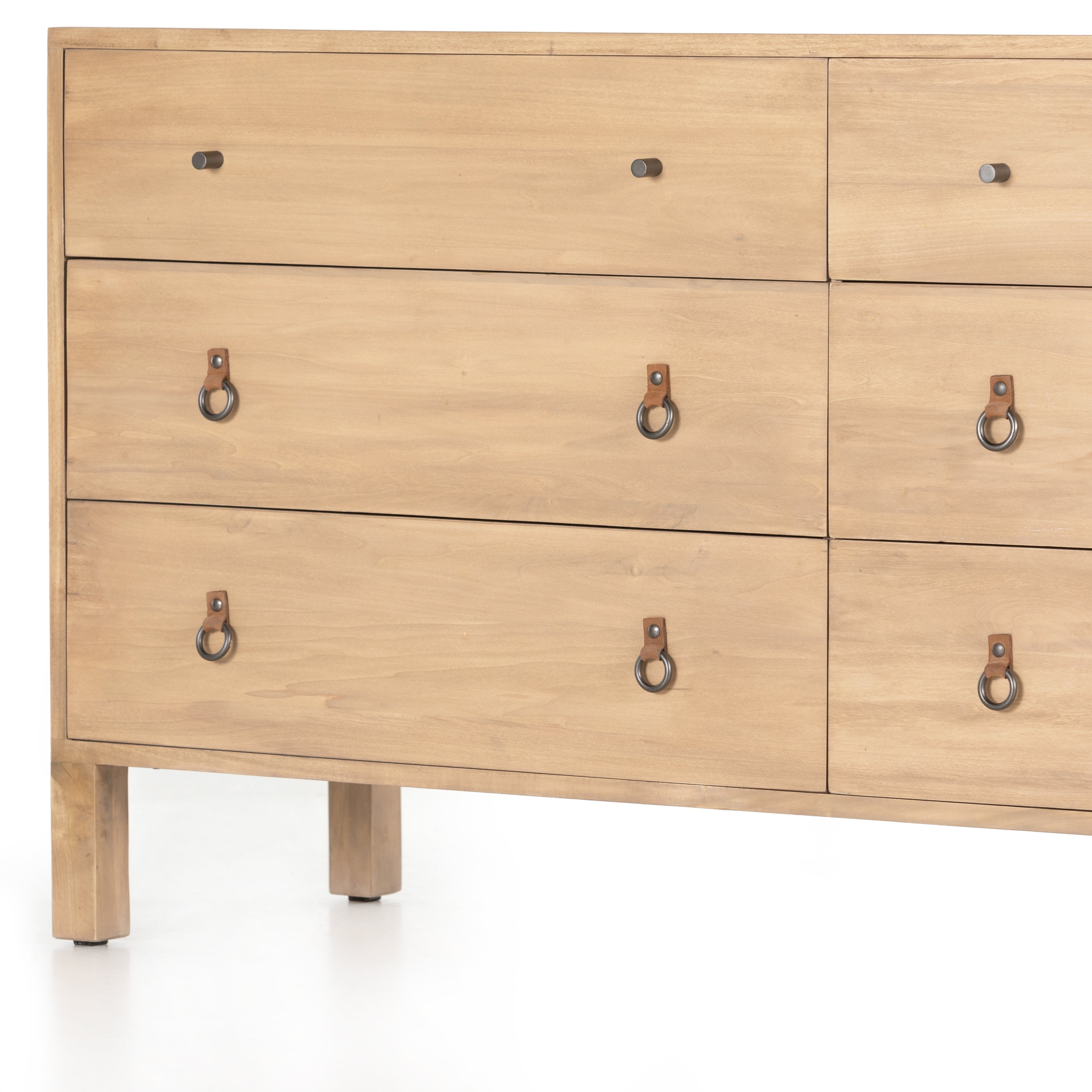 This Isador 6 Drawer Dresser - Dry Wash Poplar is beautifully simple in spirit. Solid dry-washed poplar forms a spacious six-drawer dresser, with dovetail joinery plus iron and leather hardware for a fresh, bright look in any bedroom.   Overall Dimensions: 65.00"w x 19.00"d x 32.25"h