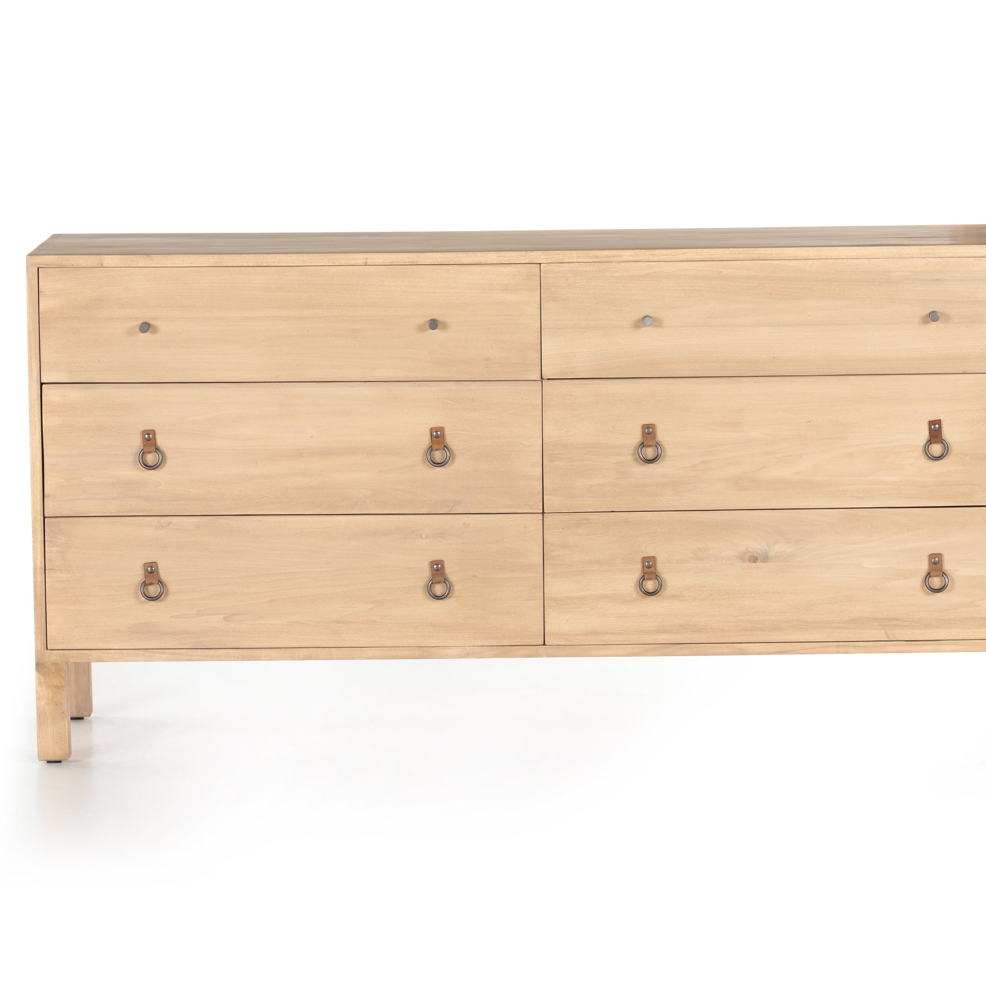 This Isador 6 Drawer Dresser - Dry Wash Poplar is beautifully simple in spirit. Solid dry-washed poplar forms a spacious six-drawer dresser, with dovetail joinery plus iron and leather hardware for a fresh, bright look in any bedroom.   Overall Dimensions: 65.00"w x 19.00"d x 32.25"h