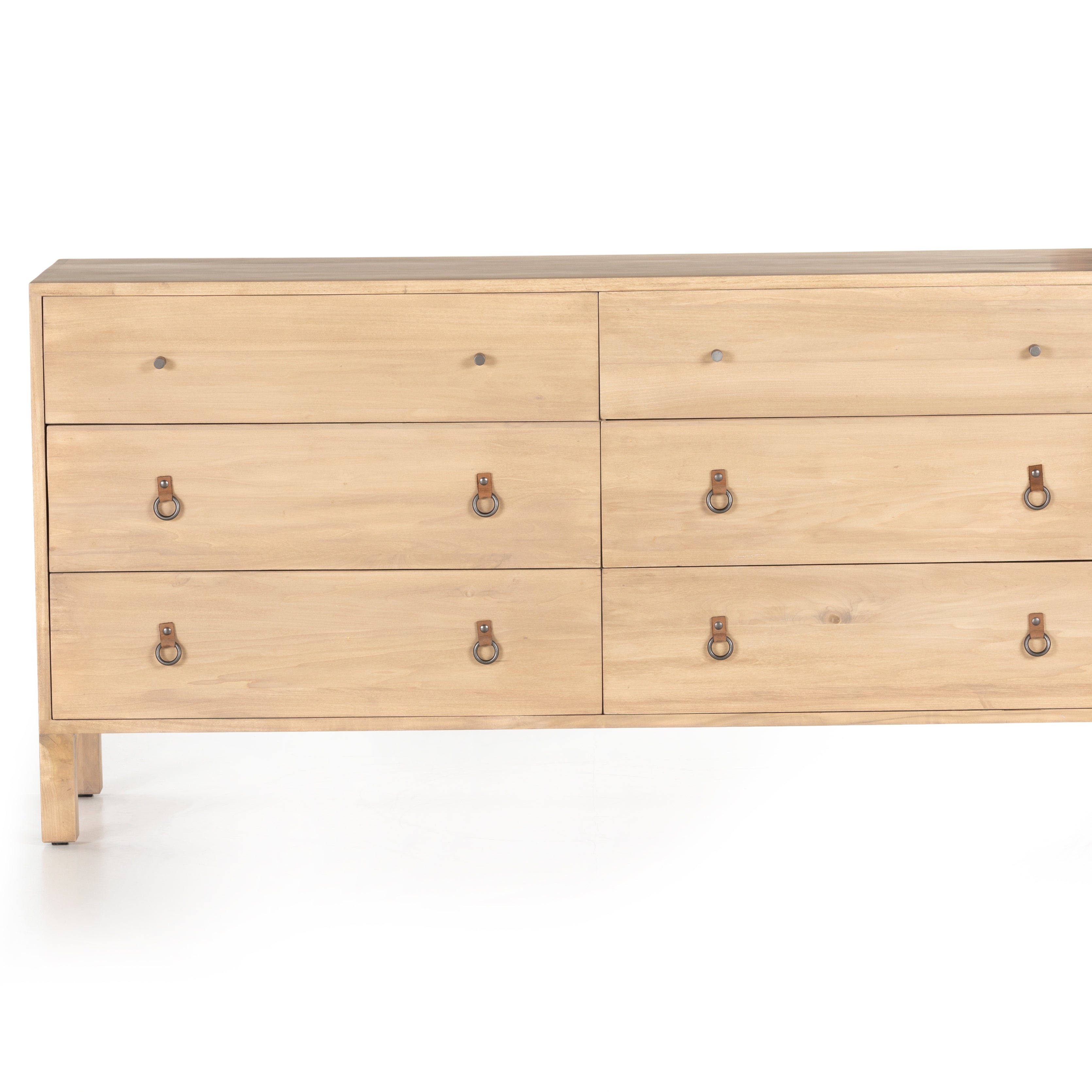 This Isador 6 Drawer Dresser - Dry Wash Poplar is beautifully simple in spirit. Solid dry-washed poplar forms a spacious six-drawer dresser, with dovetail joinery plus iron and leather hardware for a fresh, bright look in any bedroom.   Overall Dimensions: 65.00"w x 19.00"d x 32.25"h