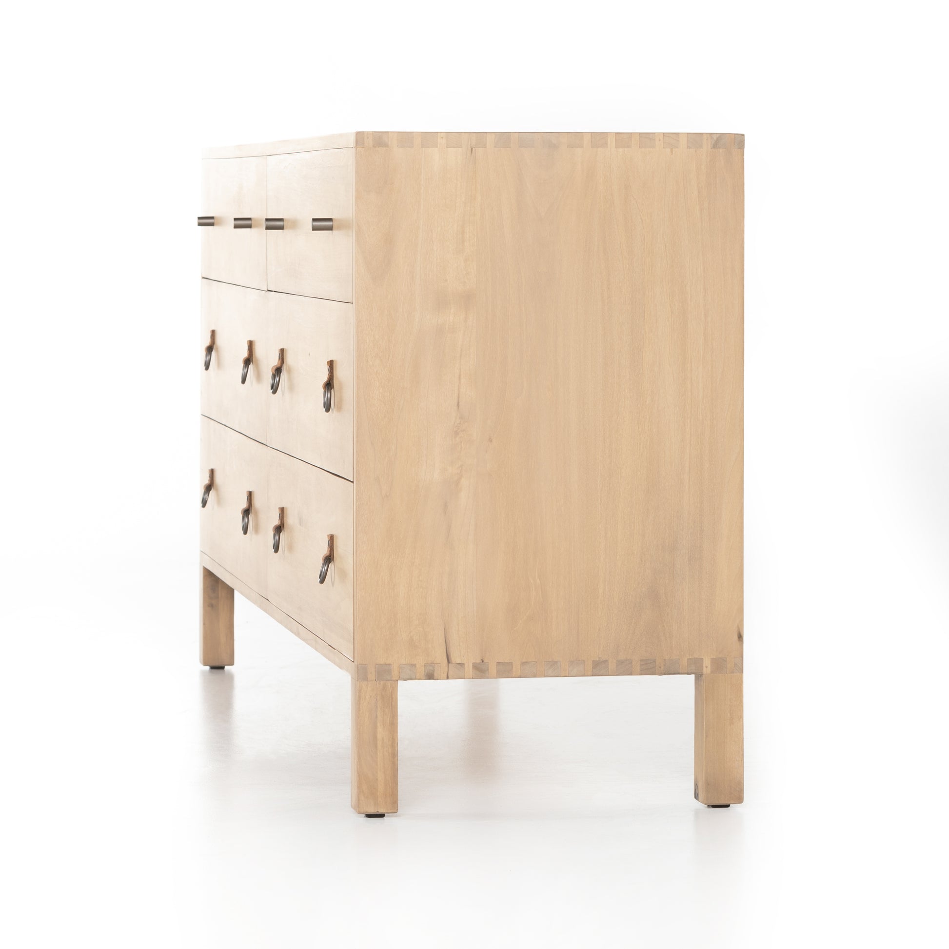 This Isador 6 Drawer Dresser - Dry Wash Poplar is beautifully simple in spirit. Solid dry-washed poplar forms a spacious six-drawer dresser, with dovetail joinery plus iron and leather hardware for a fresh, bright look in any bedroom.   Overall Dimensions: 65.00"w x 19.00"d x 32.25"h