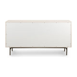 Bring a light look to bedroom styling with this Luella 6 Drawer Dresser - Matte Alabaster. A lacquered six-drawer dresser features woven cane panels and half-moon hardware finished in an aged brass for a beautiful + functional dresser in any bedroom!  Overall Dimensions: 64.00"w x 19.00"d x 33.50"h
