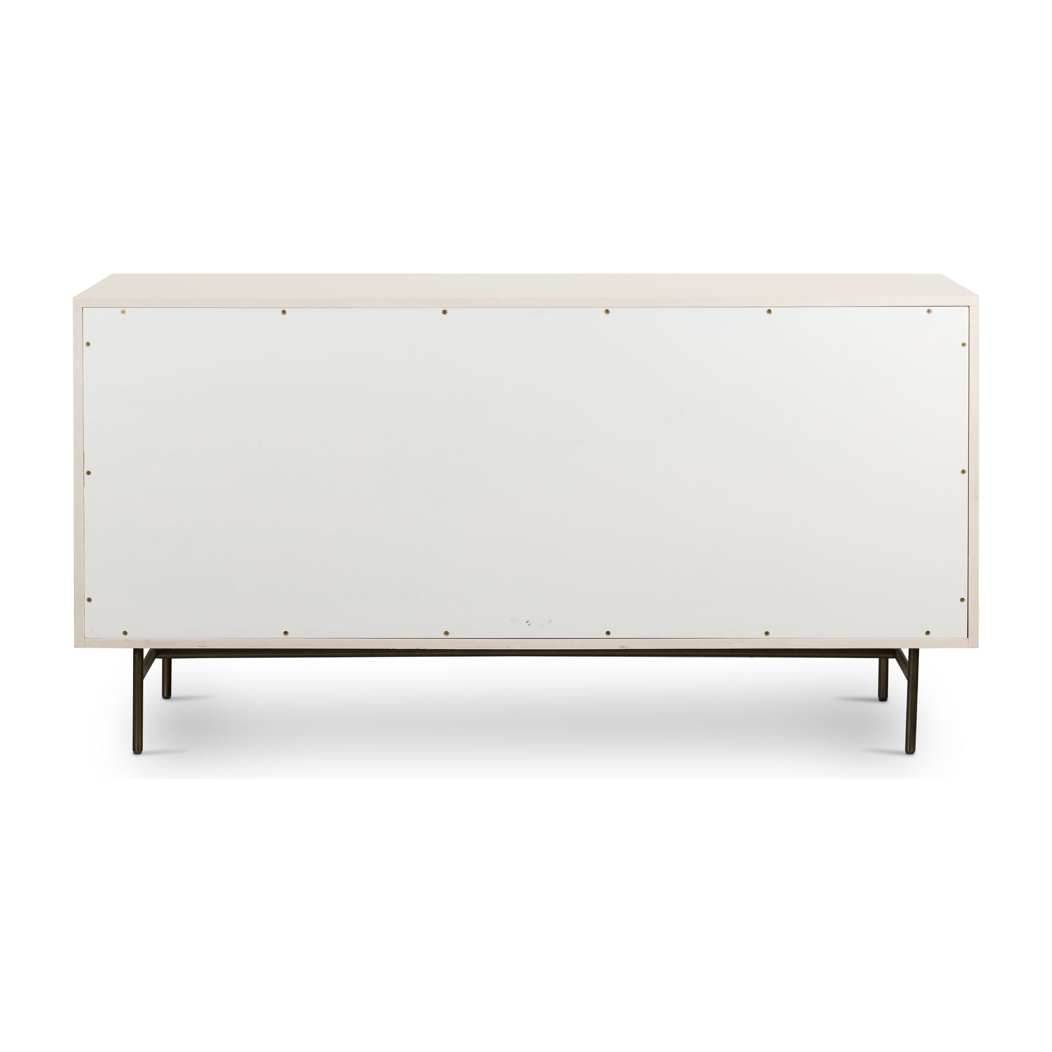 Bring a light look to bedroom styling with this Luella 6 Drawer Dresser - Matte Alabaster. A lacquered six-drawer dresser features woven cane panels and half-moon hardware finished in an aged brass for a beautiful + functional dresser in any bedroom!  Overall Dimensions: 64.00"w x 19.00"d x 33.50"h