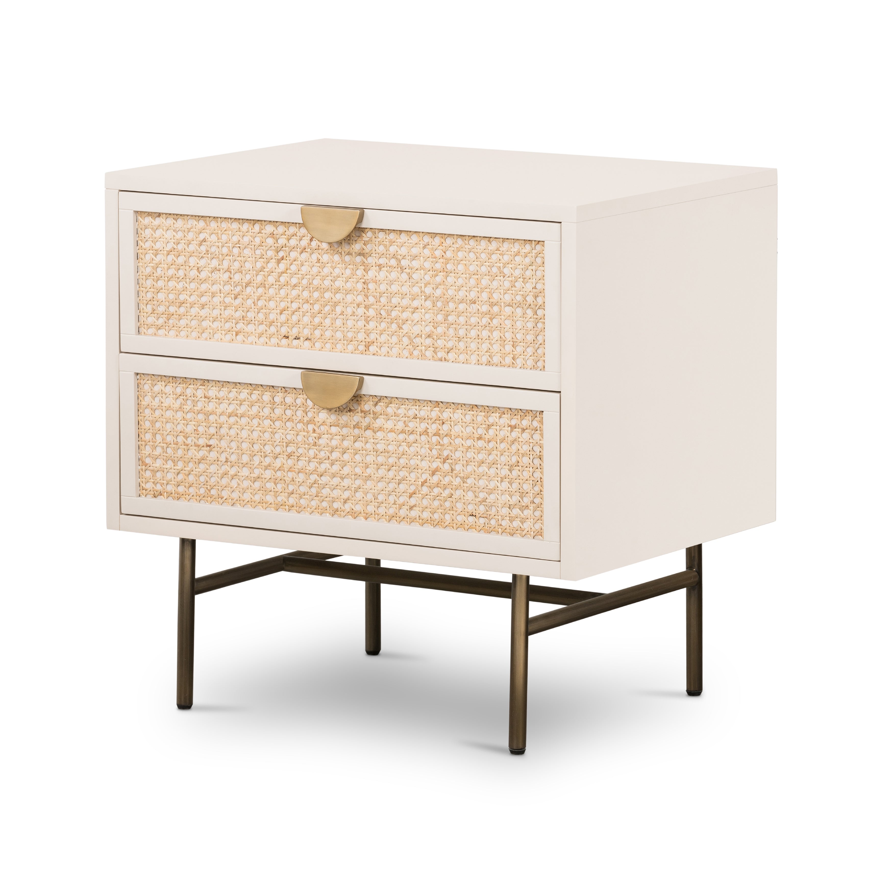 Bring a light look to bedroom styling with this Luella Nightstand - Matte Alabaster. The two-drawer nightstand features woven cane panels and half-moon hardware finished in an aged brass.  Overall Dimensions: 24.00"w x 18.00"d x 24.00"h