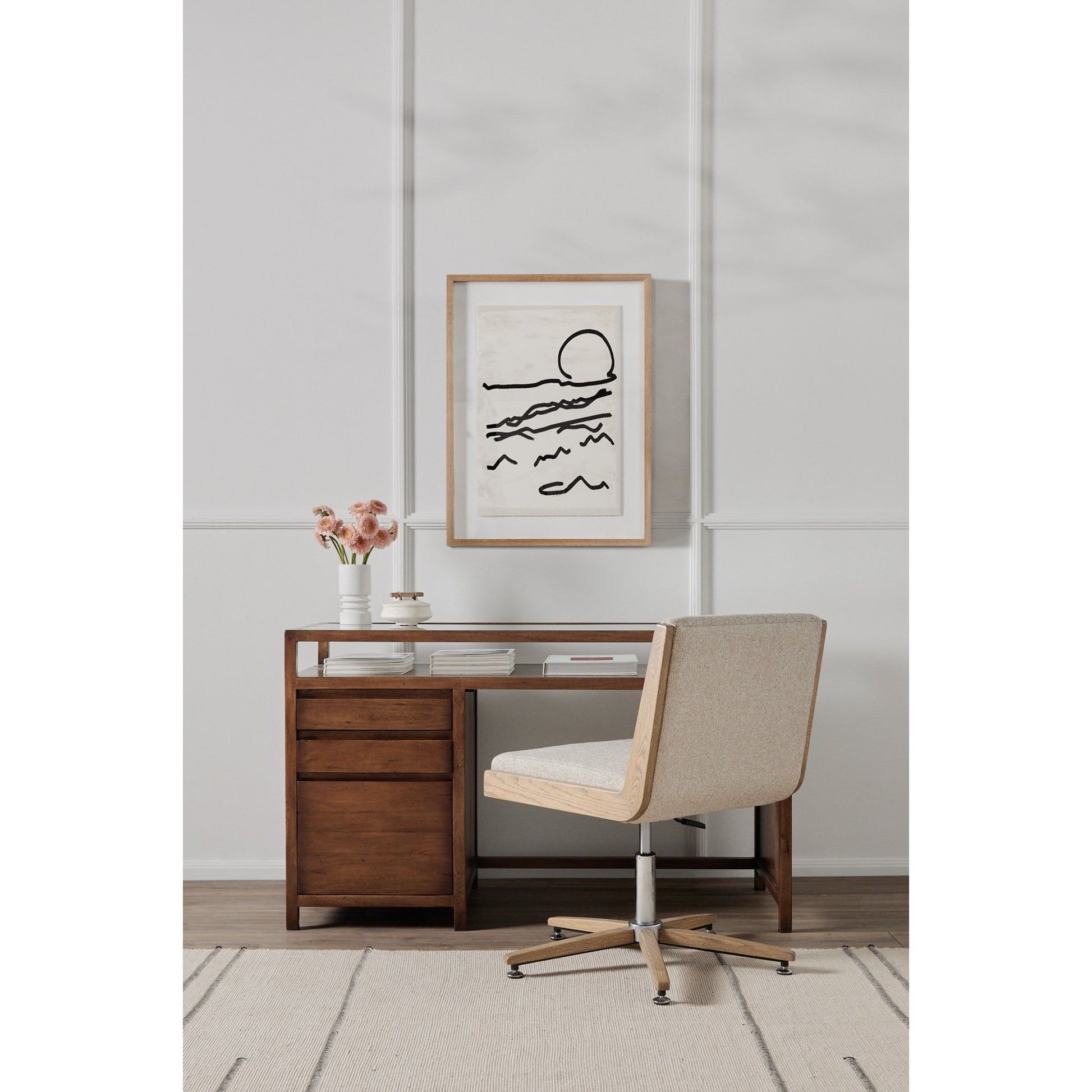 We love the clean contrast Mountain High I Art bings to a space. Original rendering by Bangkok-based art house Coup D'Esprit, this is framed within vertical grain white oak for a museum-quality look.