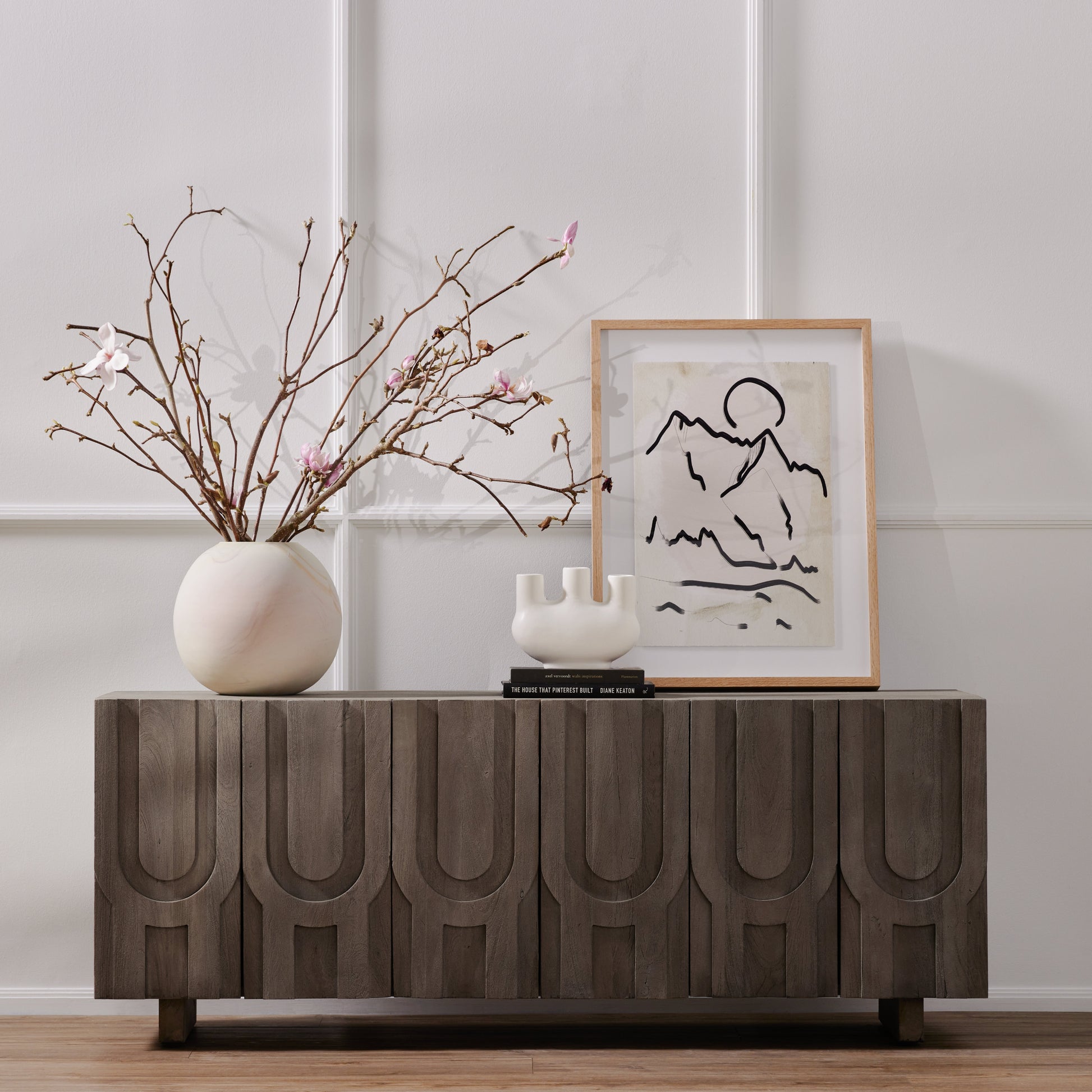 We love the clean contrast Mountain High II Art bings to a space. Original rendering by Bangkok-based art house Coup D'Esprit, this is framed within vertical grain white oak for a museum-quality look.  Compete the look with Mountain High I, III & IV!